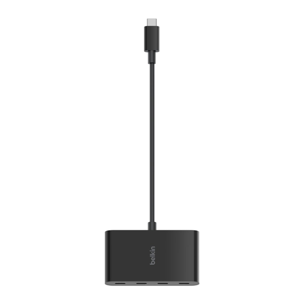 Un hub USB-C Belkin nero con un cavo nero e un connettore USB-C.