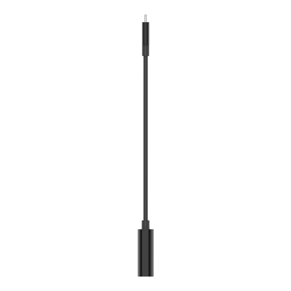 Un cavo USB-C a USB-C nero, su sfondo bianco.