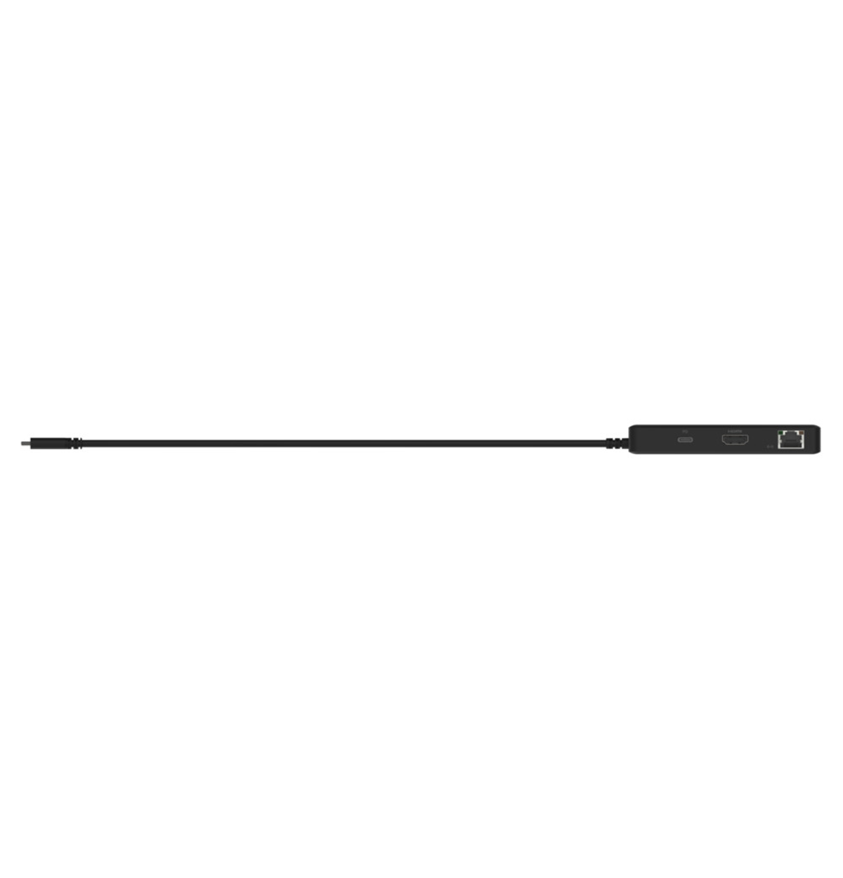 Zwarte kabel met connectoren aan beide uiteinden, een voor stroom, de andere HDMI.