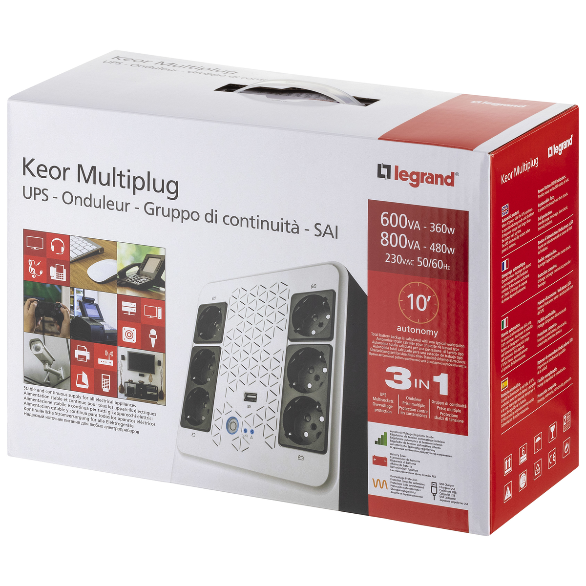 Keor Multiplug USV-Box mit einem Multi-Plug-Gerät. Weißer Hintergrund.
