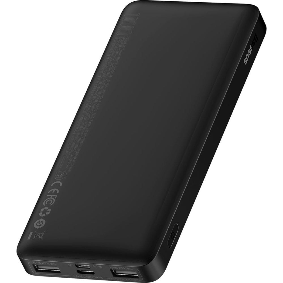 Un power bank negro con varios puertos. La parte trasera está etiquetada con texto y logotipos, incluida la marca Baseus.