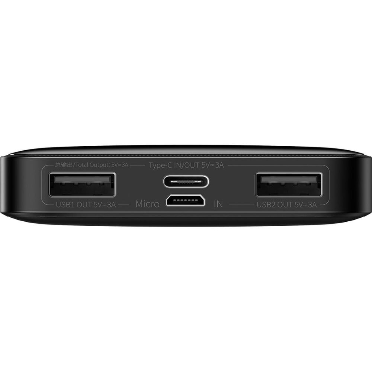 Schwarze Powerbank mit verschiedenen Anschlüssen. Text: Gesamtleistung 5V=3A. USB1, USB2, Typ-C, Micro.