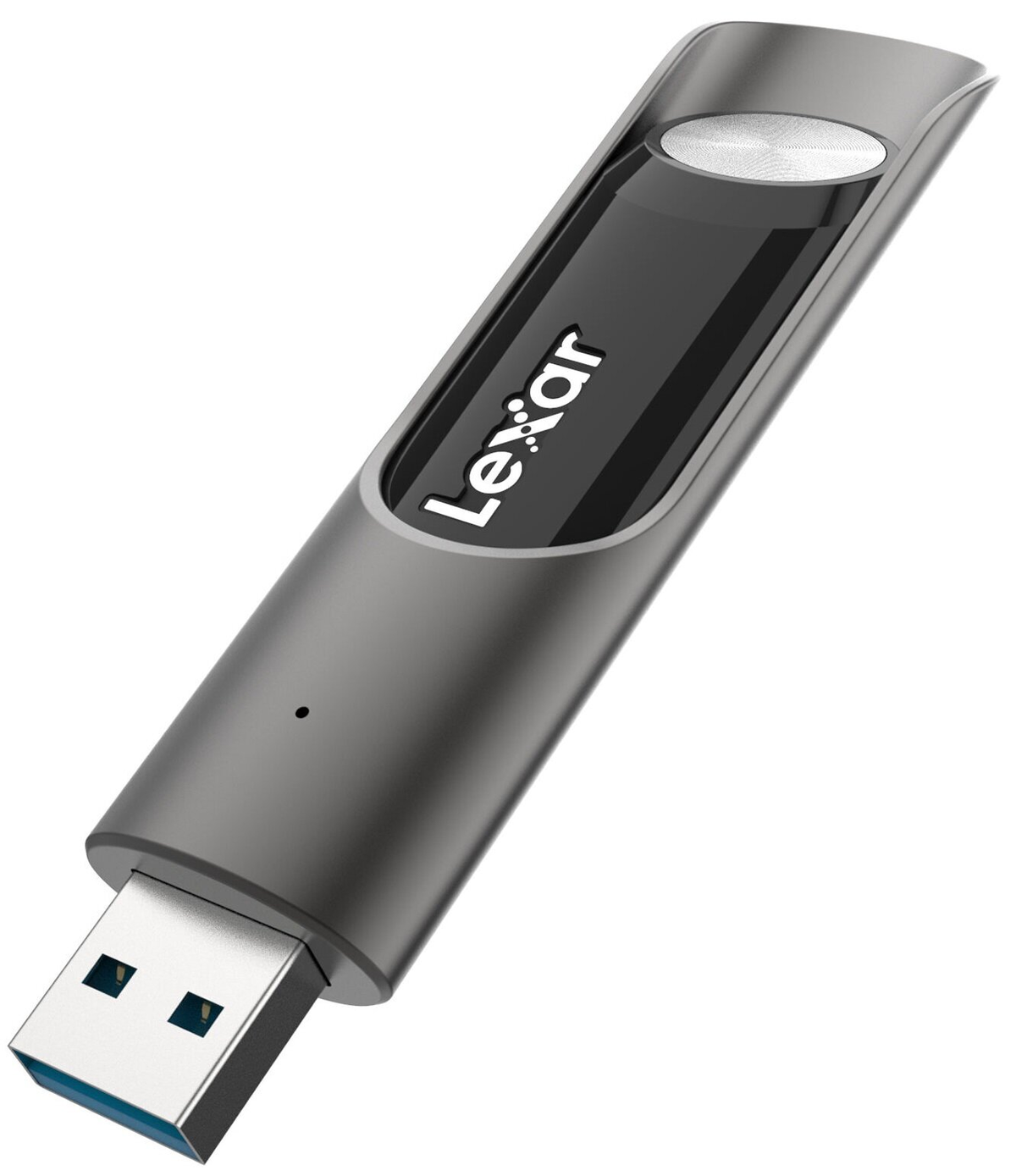 Una chiavetta USB grigia con il marchio Lexar.