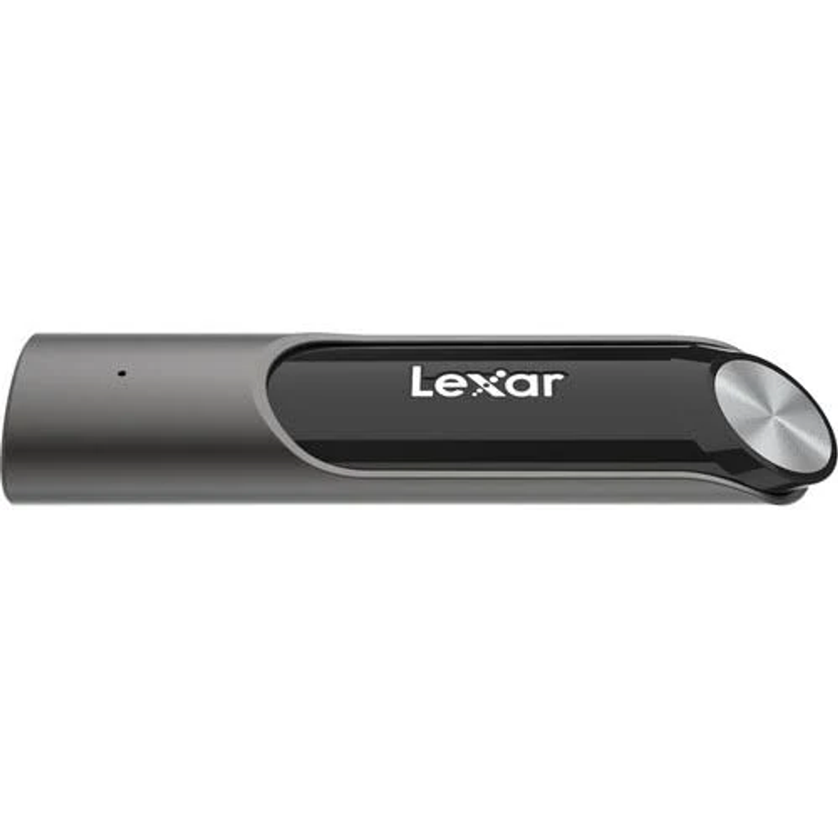 Chiavetta USB Lexar argento e nera. Ha il marchio Lexar.