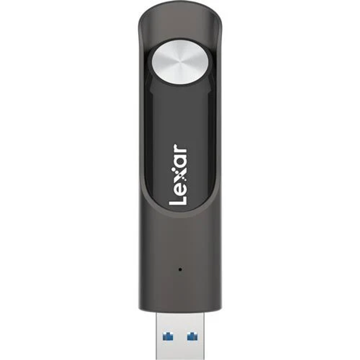 Una chiavetta USB Lexar grigio scuro, con il marchio in bianco. Il connettore USB è visibile.