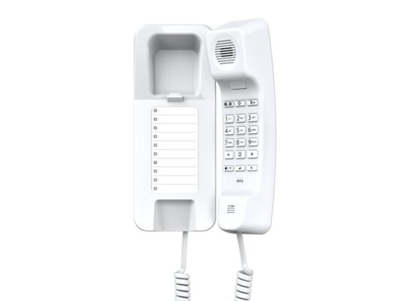 Telefono da parete bianco con tastierino e supporto per la cornetta.