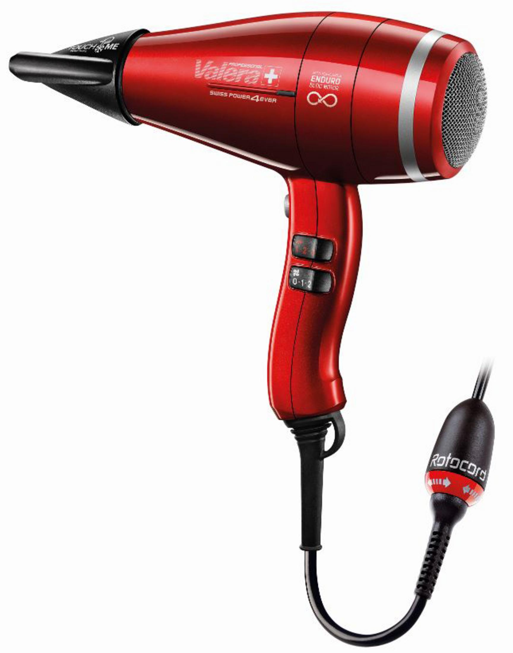 Czerwona suszarka do włosów z czarnymi detalami. Czarny przewód zasilający. Marka: Valera.