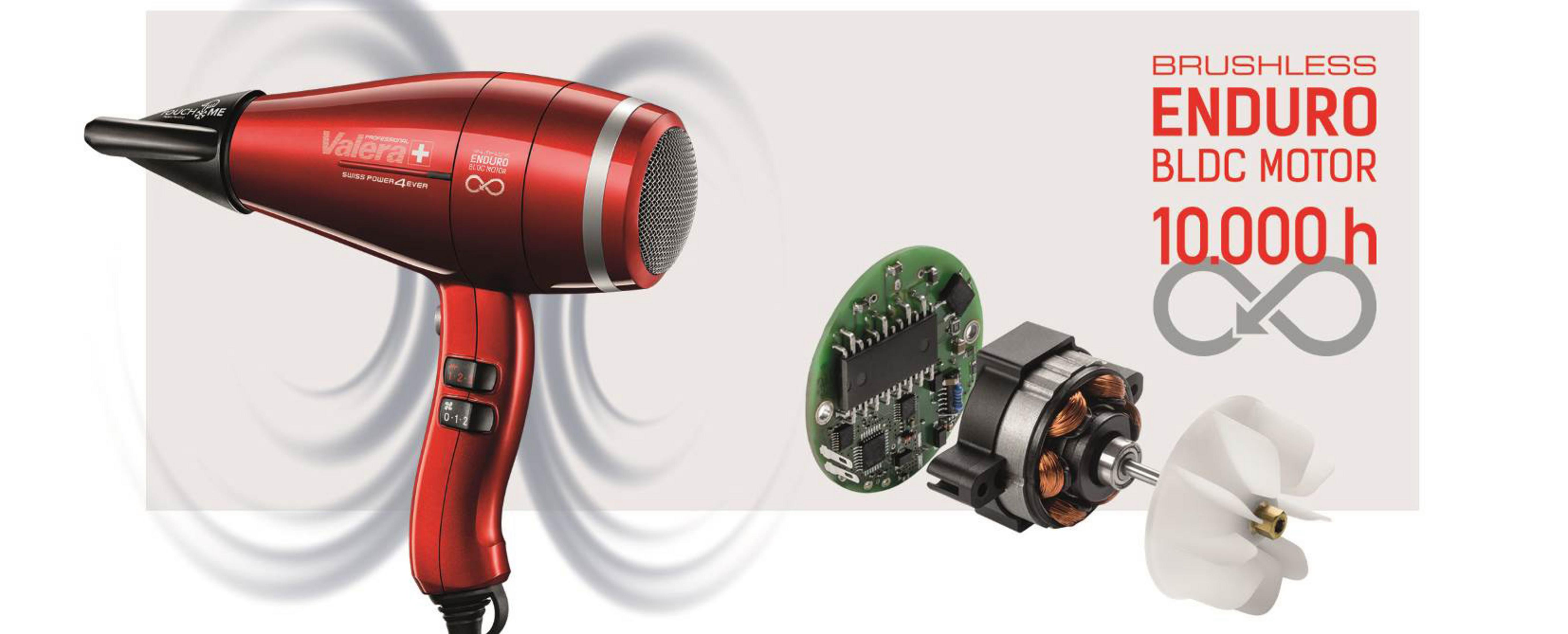 Czerwona suszarka do włosów, komponenty i tekst: BRUSHLESS ENDURO BLDC MOTOR 10.000 h.
