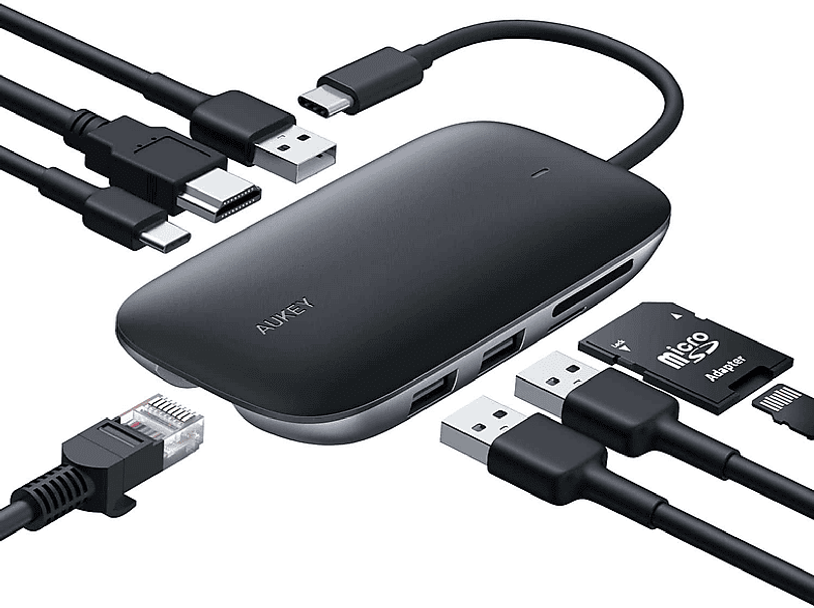 Schwarzer AUKEY-Hub mit mehreren Anschlüssen für verschiedene Verbindungen, einschließlich USB und HDMI.