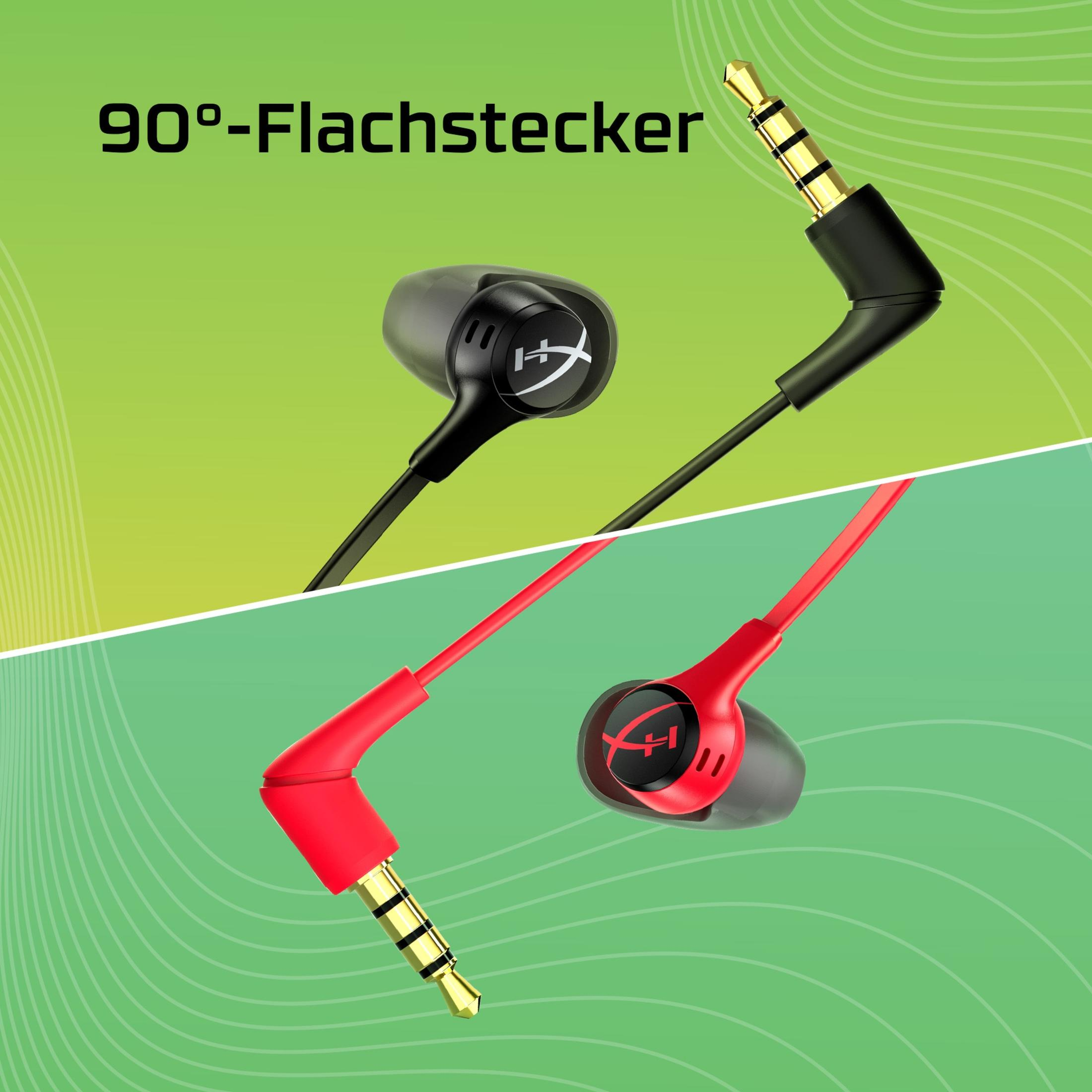 Dwie pary słuchawek dousznych, czarne i czerwone ze złotymi złączami, na wzorzystym tle.