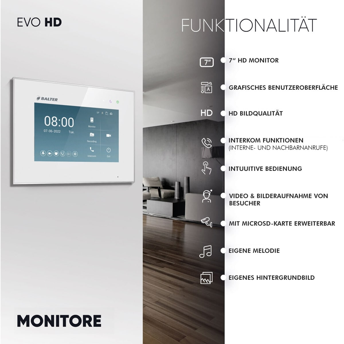 HD Familienhaus Monitor BALTER 1 EVO Schwarz/Weiß Video 1x7\
