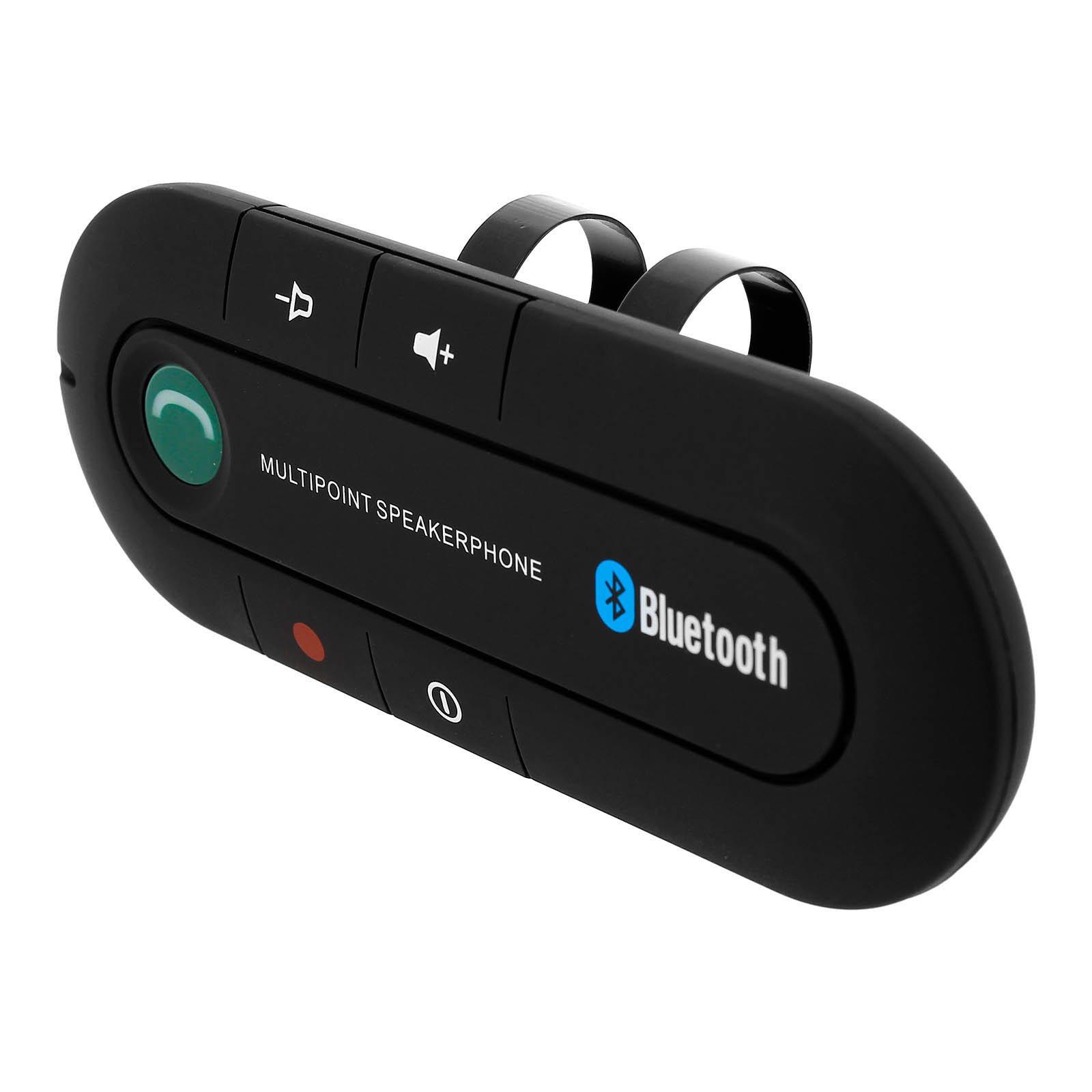Vivavoce Bluetooth nero con pulsanti e logo. Sfondo bianco.