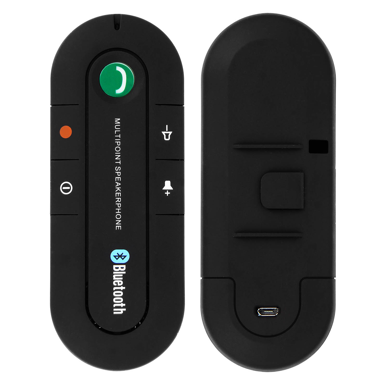 Vivavoce Bluetooth nero, due viste. Pulsanti e logo visibili. Sfondo bianco.