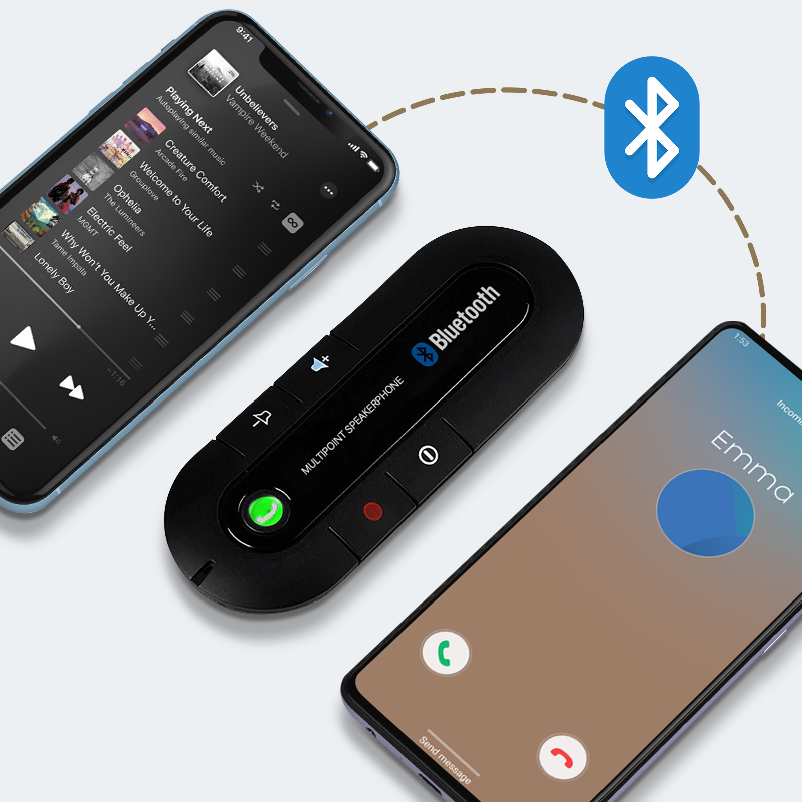 Smartphone e vivavoce Bluetooth collegati in modalità wireless tramite Bluetooth.