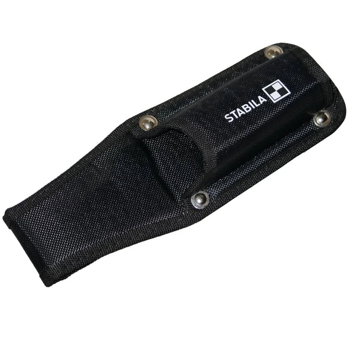 Schwarze Nylon-Holster mit einem schwarzen Objekt darin, beschriftet mit 'STABILA' in Weiß.