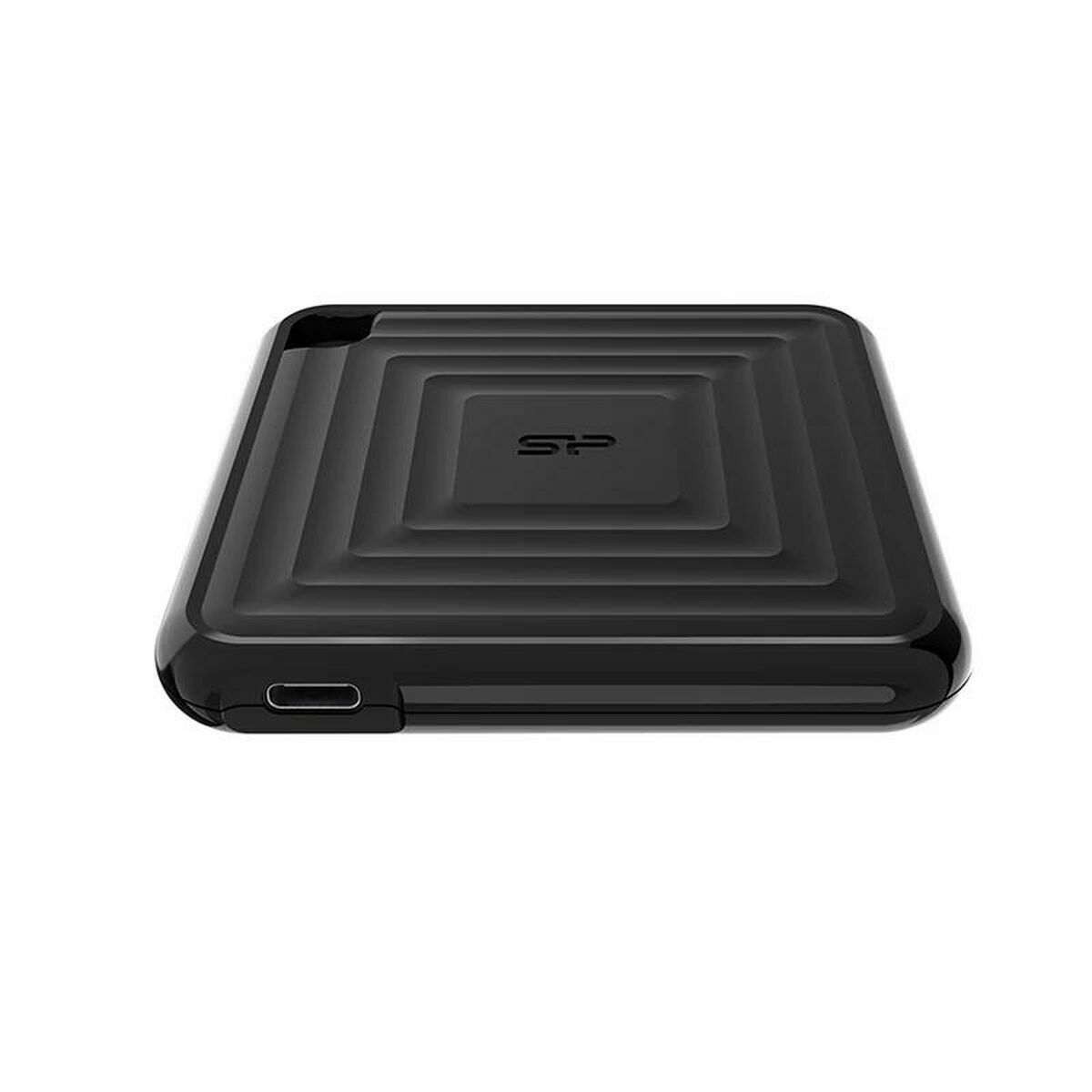 Disco rigido esterno nero, strutturato, quadrato con porta USB.