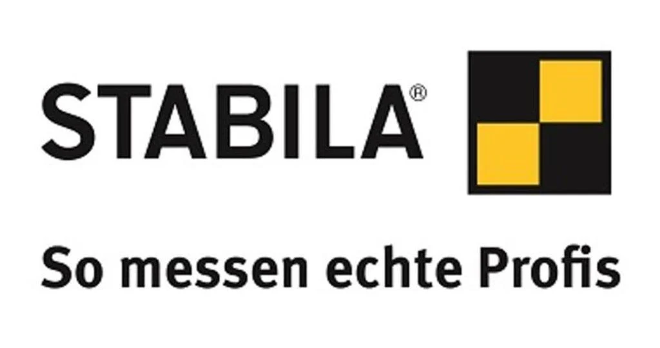 Das STABILA-Logo mit dem Text: So messen echte Profis. Das Logo ist schwarz, gelb und weiß.
