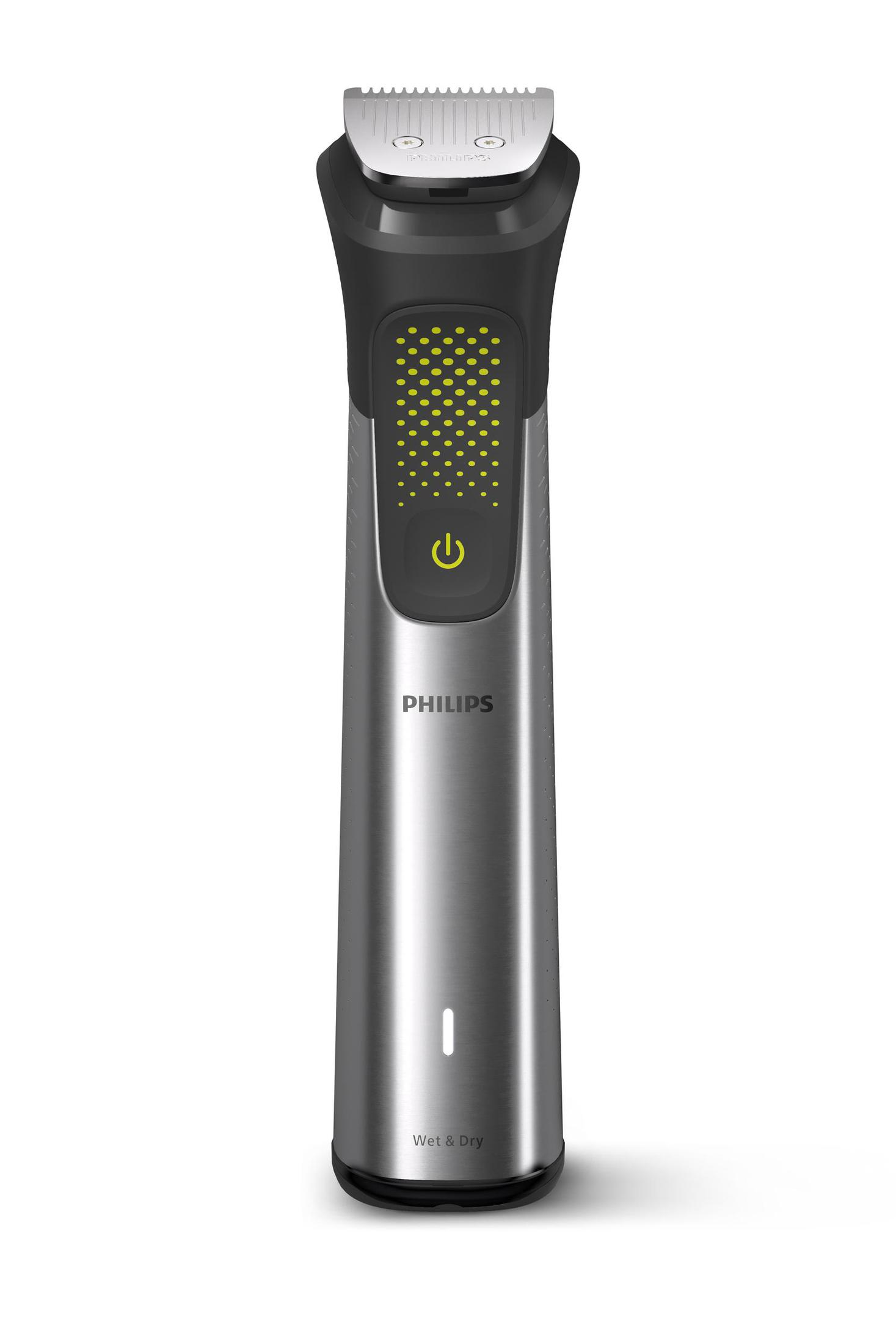 Silberner und schwarzer Philips Rasierer. Ein Power-Knopf und ein Wet & Dry-Etikett sind sichtbar.