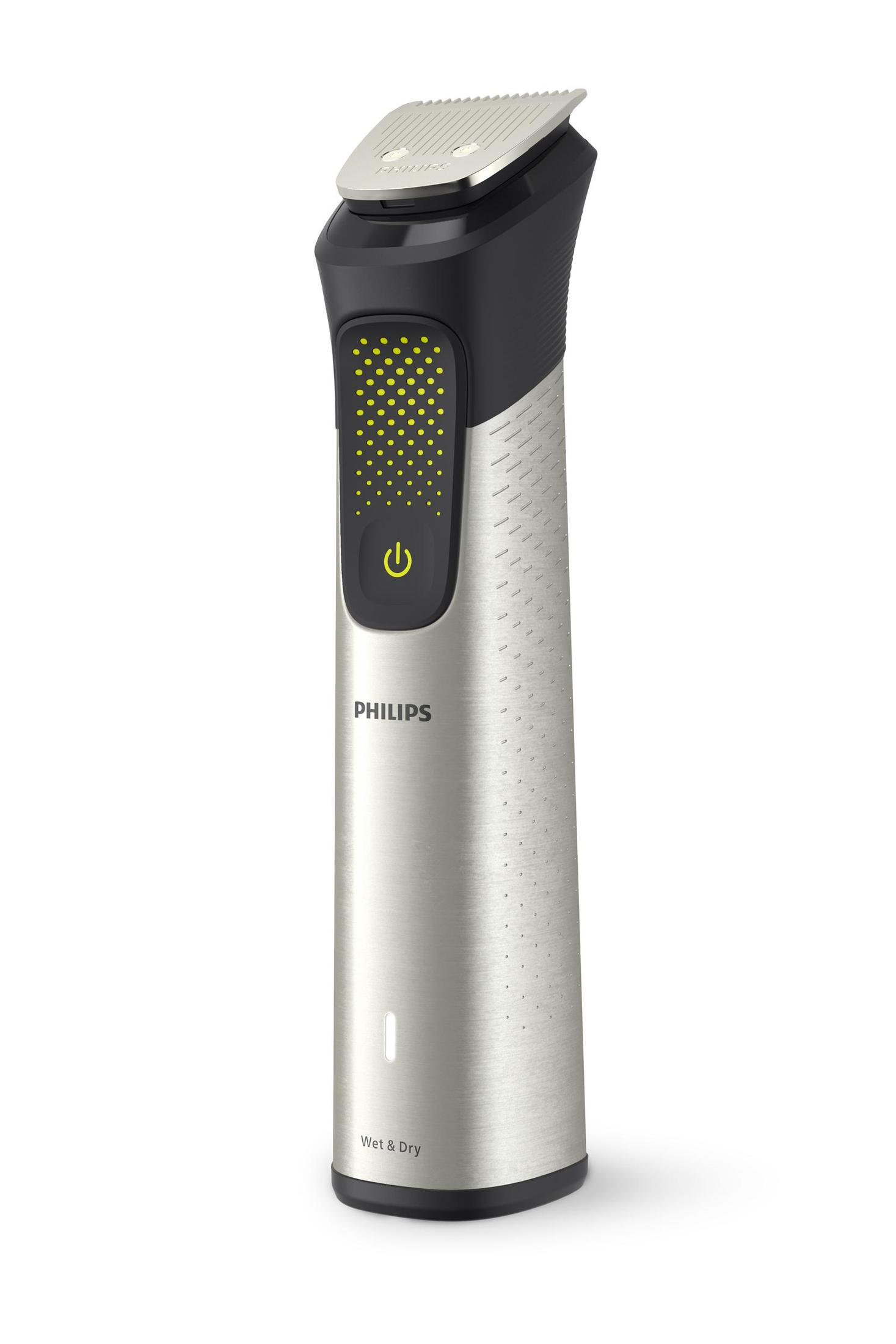Ein silberner Philips Bodygroomer, schwarzer Oberteil mit gelben Punkten und einem Ein-Aus-Knopf.