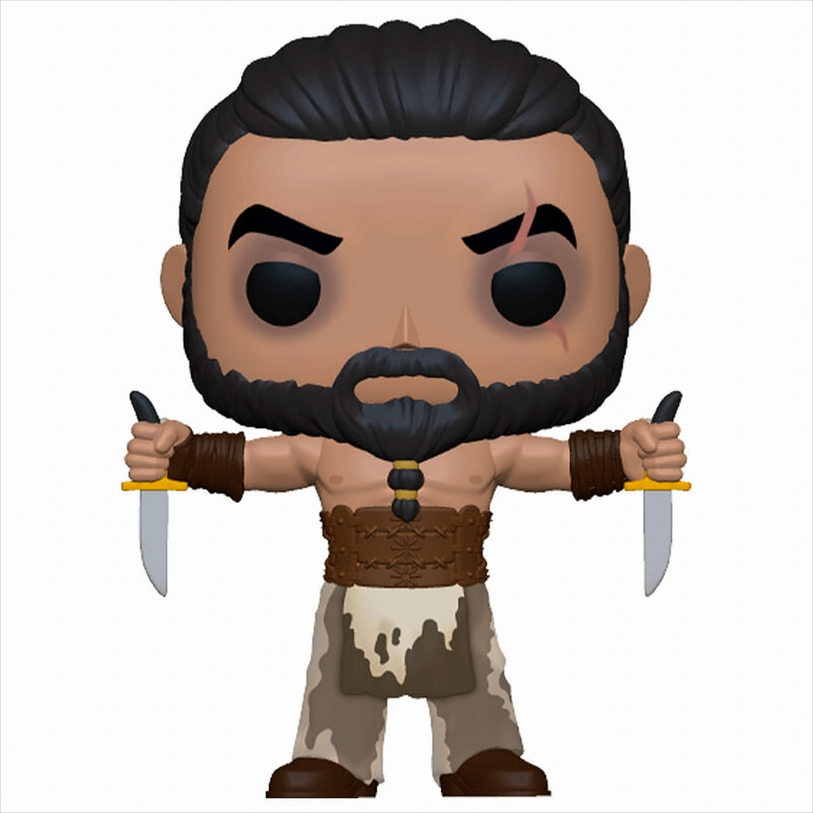 Eine Funko Pop Figur eines Kriegers, der zwei Messer hält. Die Figur ist ohne Hemd, mit Bart und Narbe.