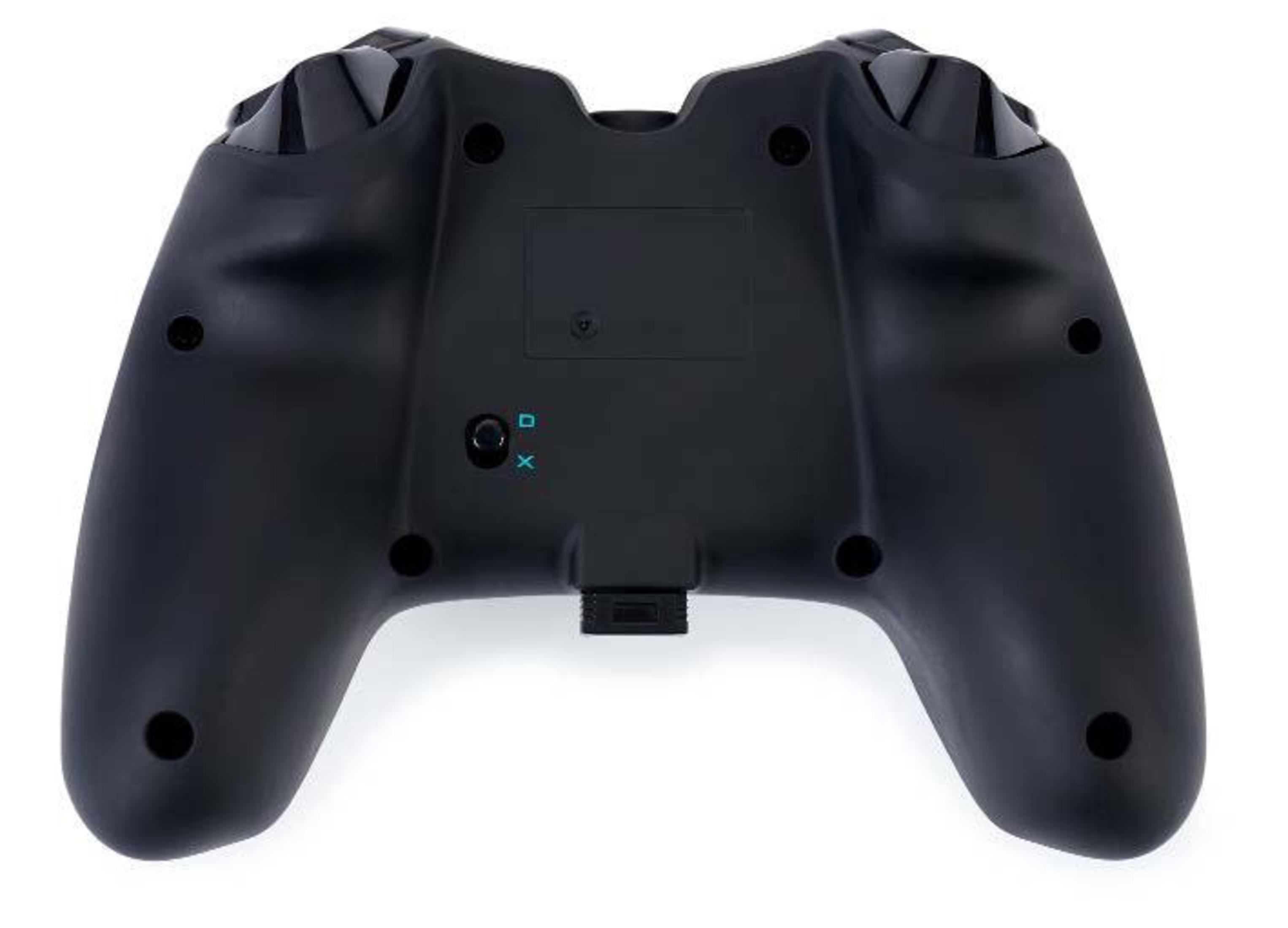 Retro di un controller di gioco nero su sfondo bianco. Pulsanti, porte e impugnature visibili.