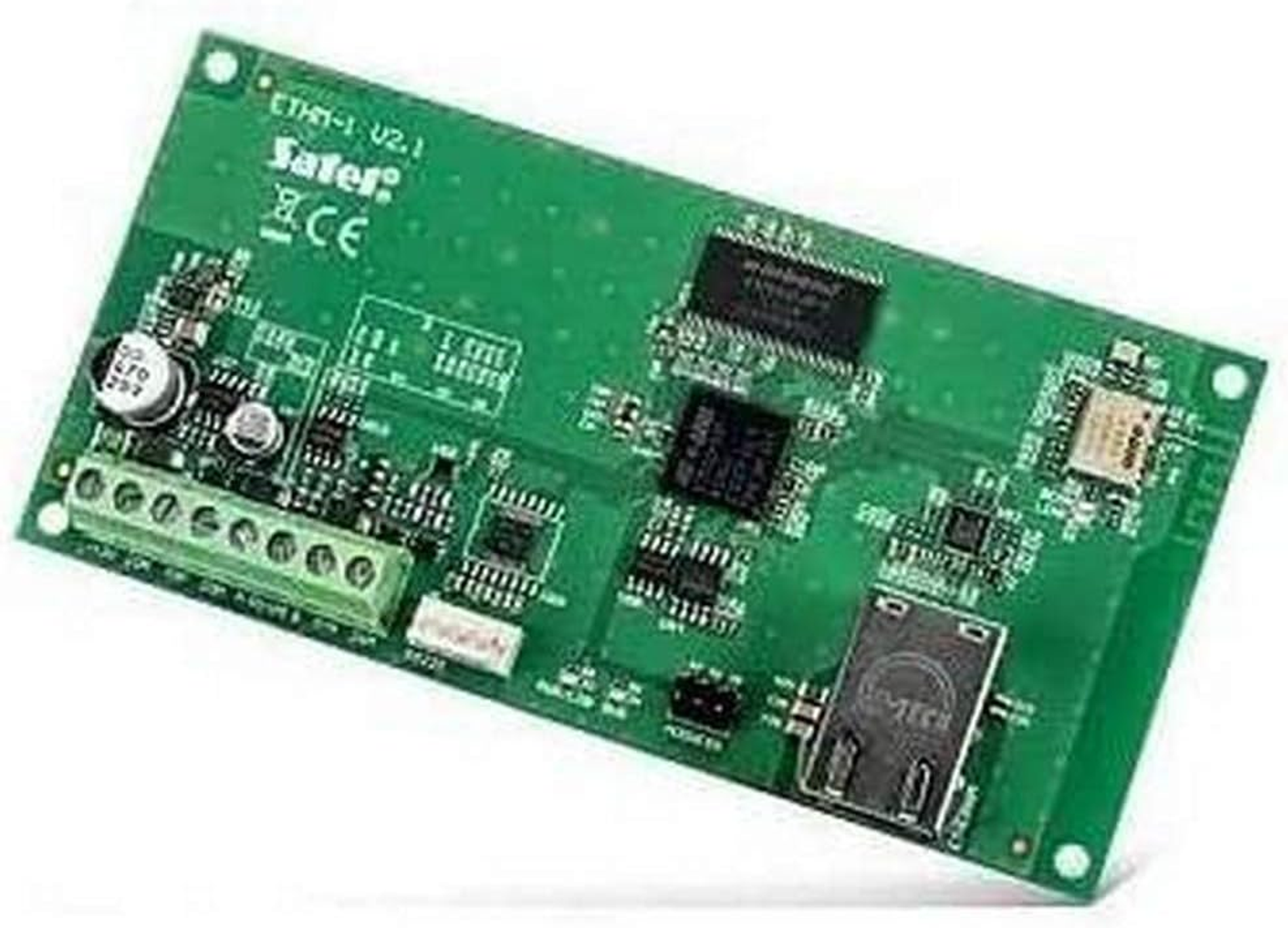 Grüne Platine mit elektronischen Bauteilen, USB-Anschluss und Text: ETHM-1 V2.1, auf weißem Untergrund.