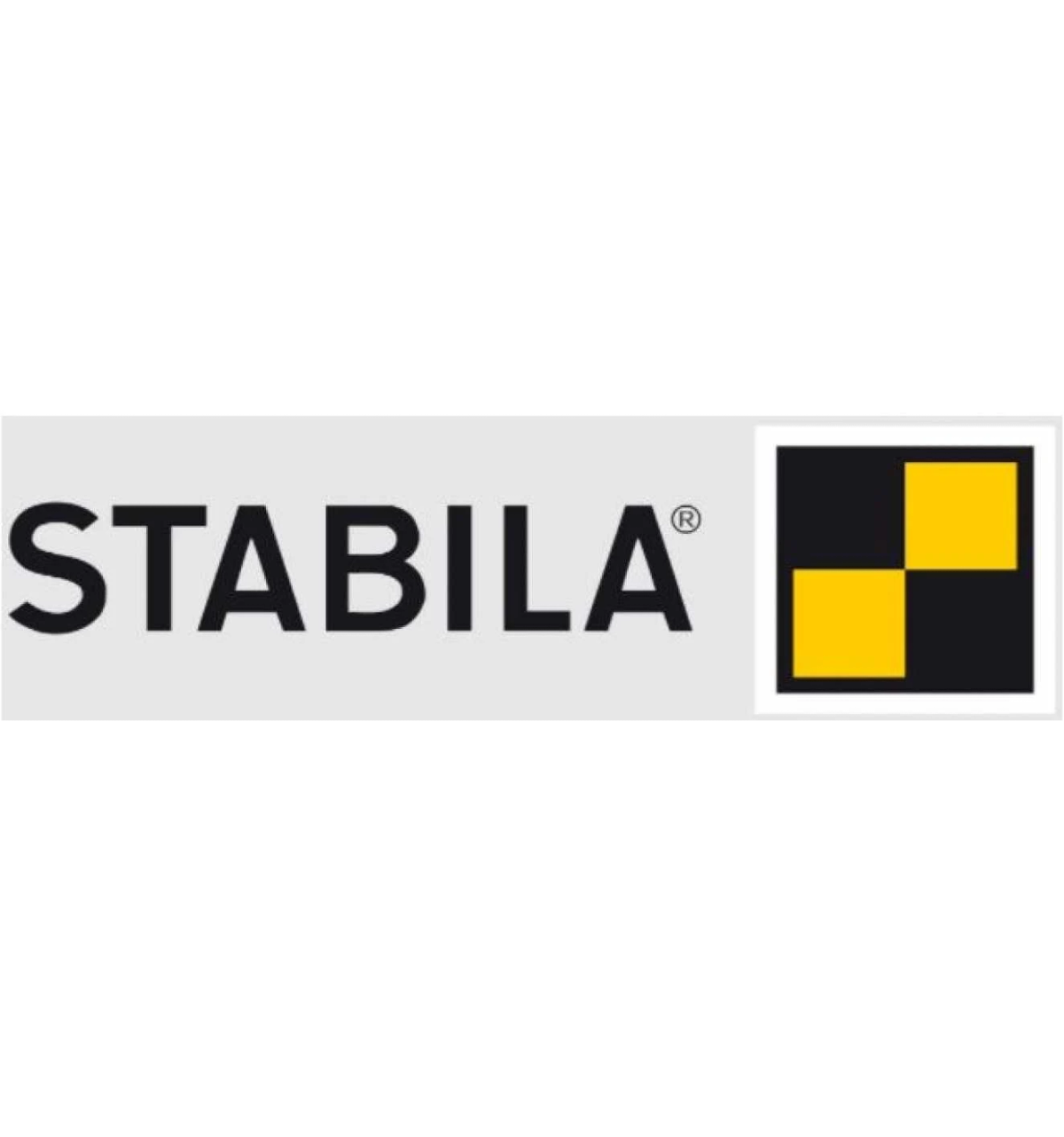 STABILA-Logo auf weißem Hintergrund. Es hat schwarzen Text und ein Quadrat mit zwei gelben und schwarzen Quadraten.