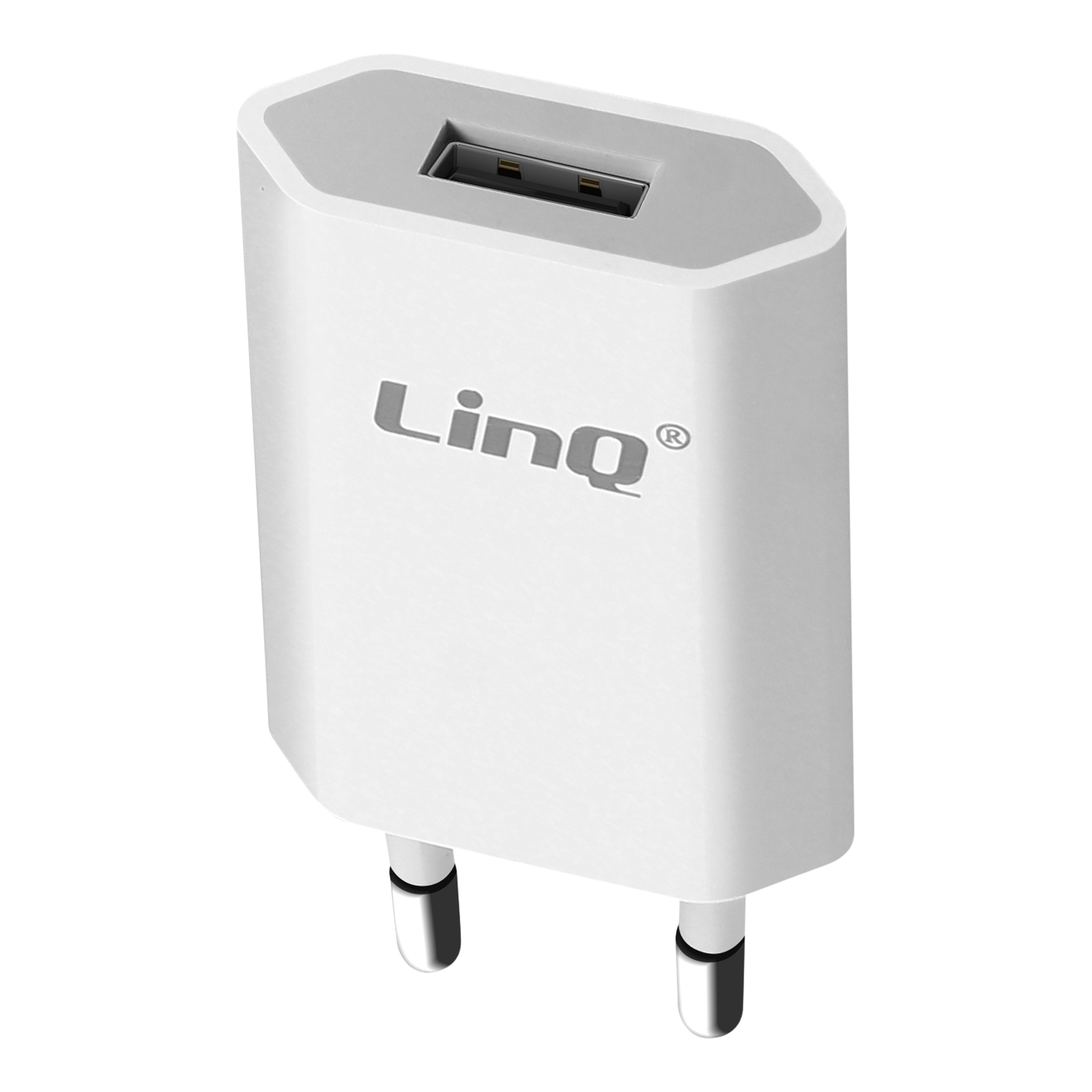 Un cargador USB blanco con tapa gris y enchufe negro.