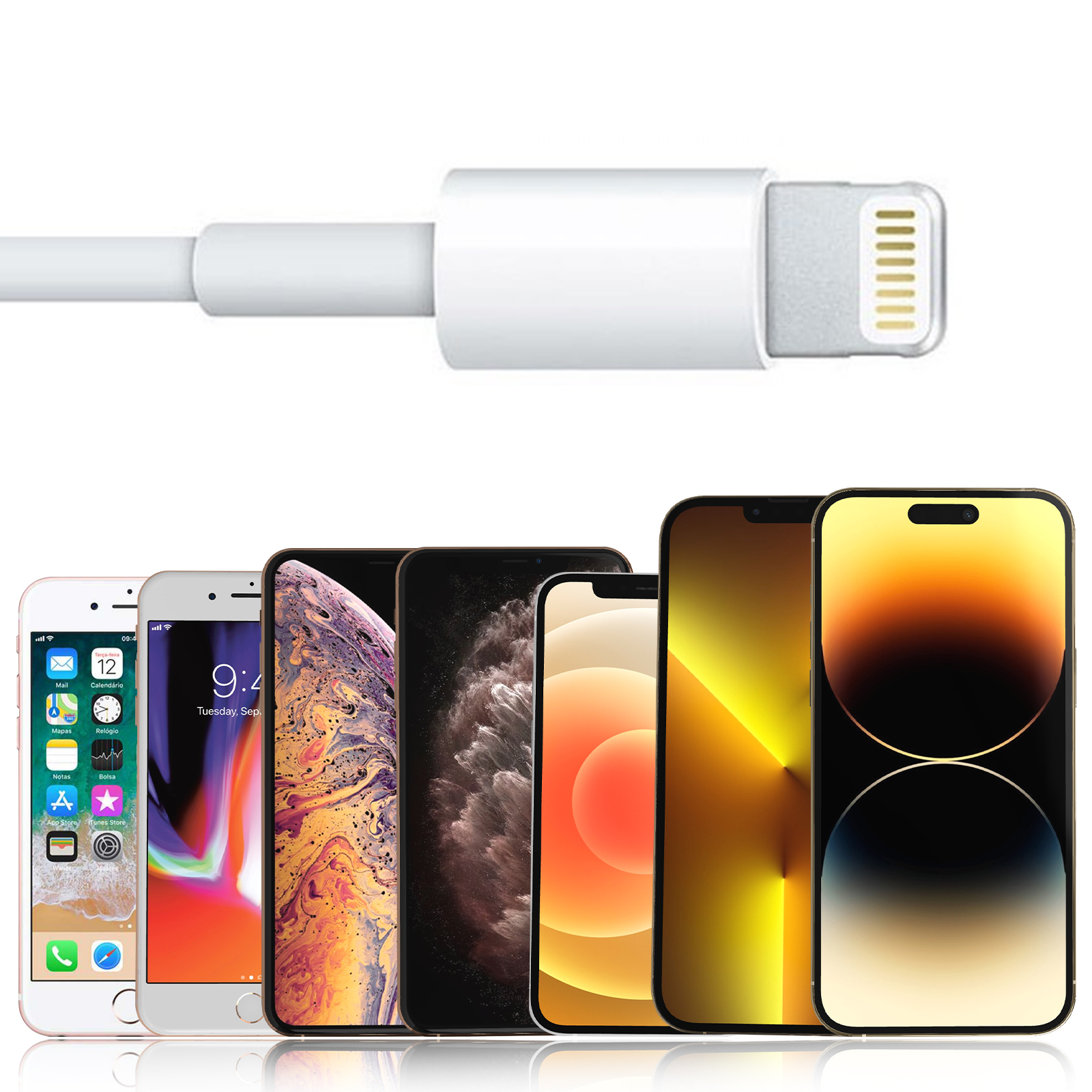 Cable de carga blanco de iPhone y seis iPhones, varios modelos, mostrados.