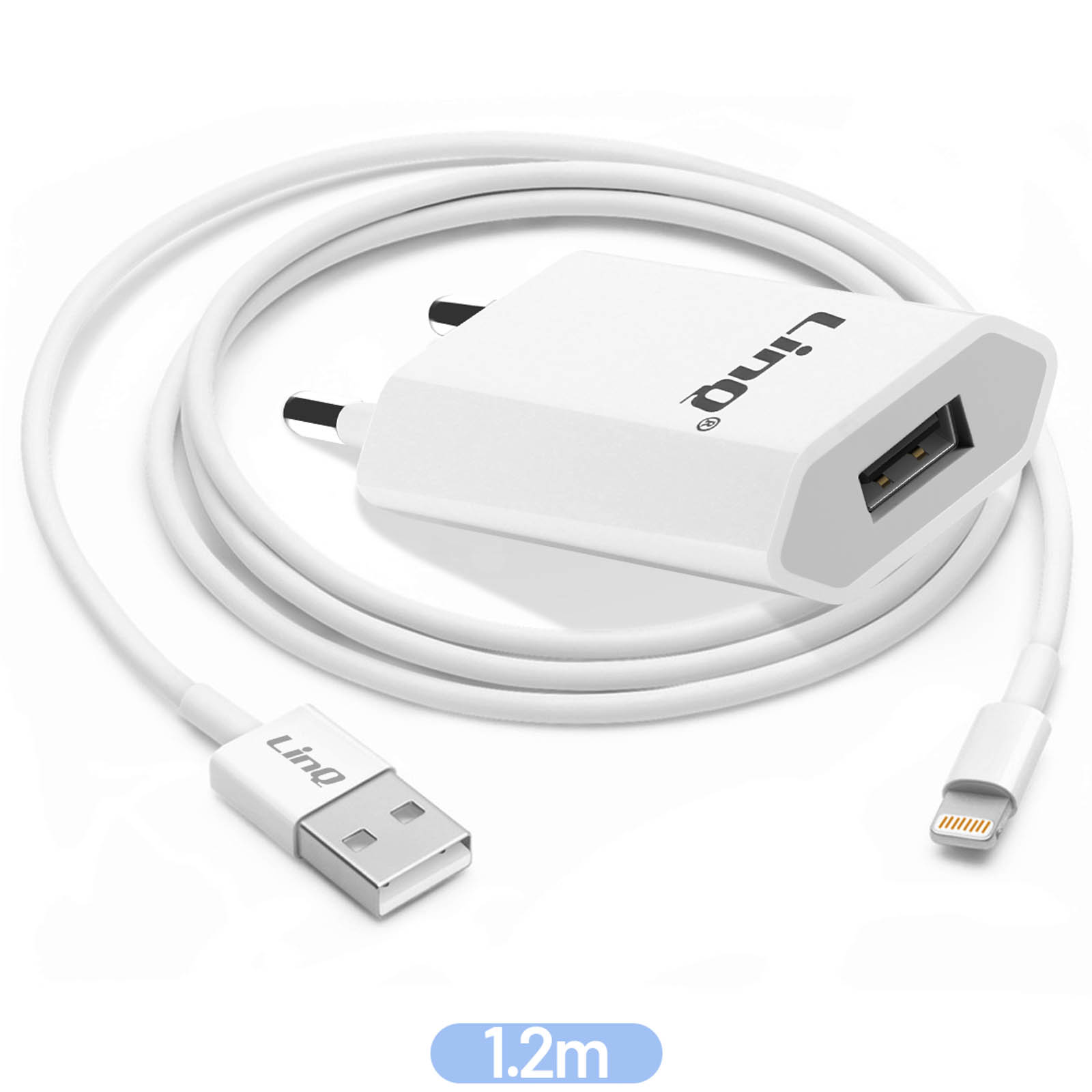 Cargador USB blanco con cable blanco y conector Lightning. Dice Linq.