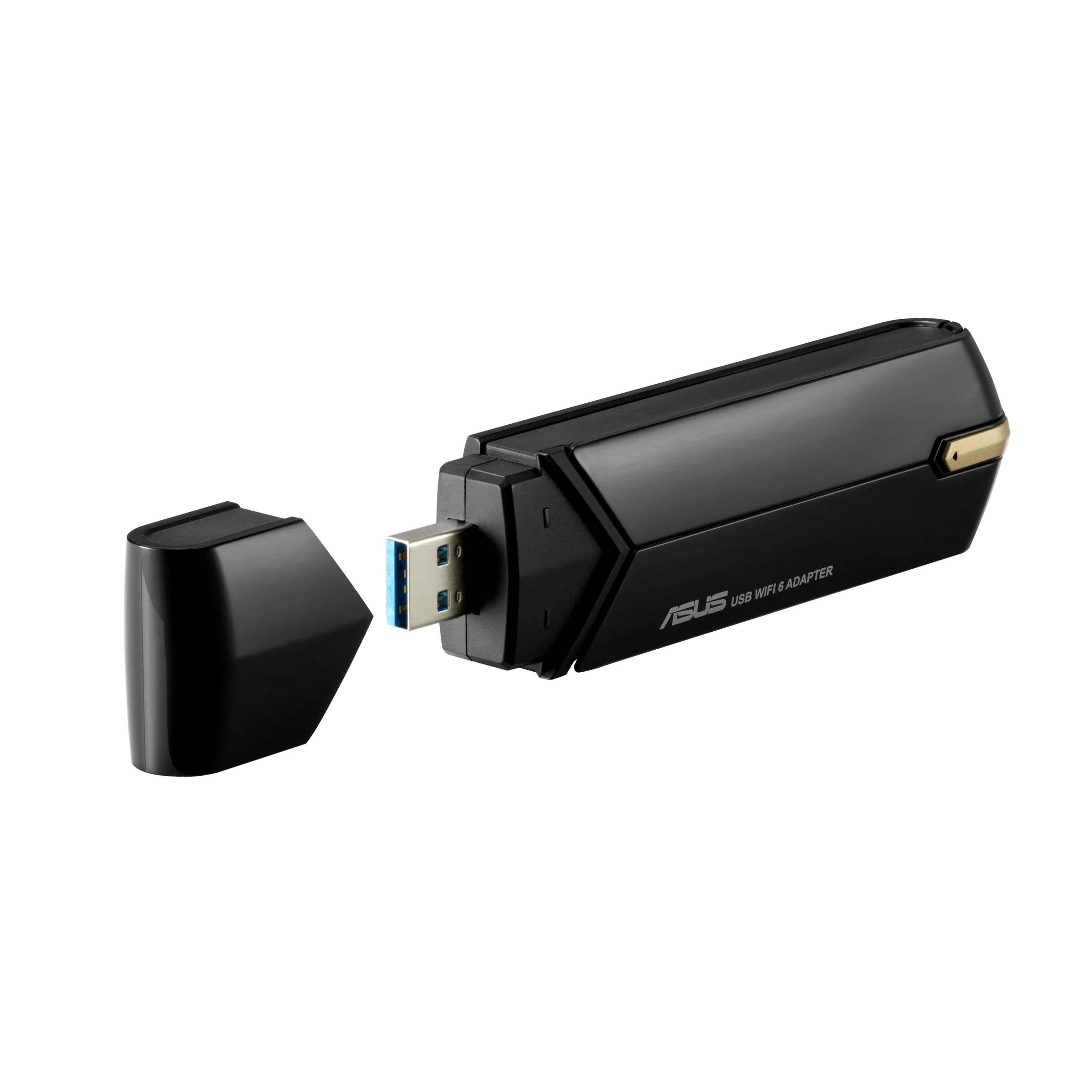 Czarny adapter USB WiFi z otwartą nasadką. Marka ASUS. Białe tło.