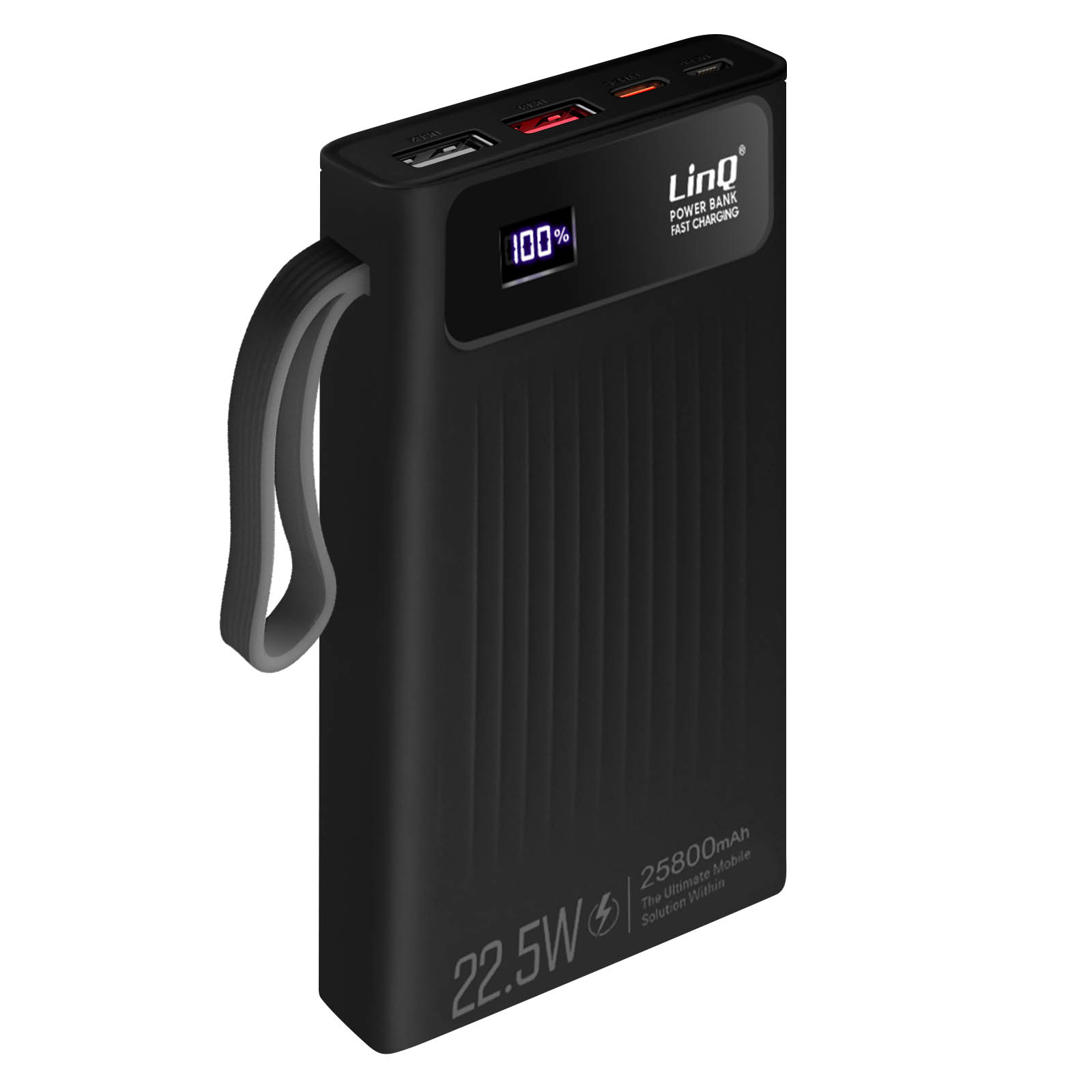Batterie externe noire avec un affichage indiquant 100% de charge et une poignée.