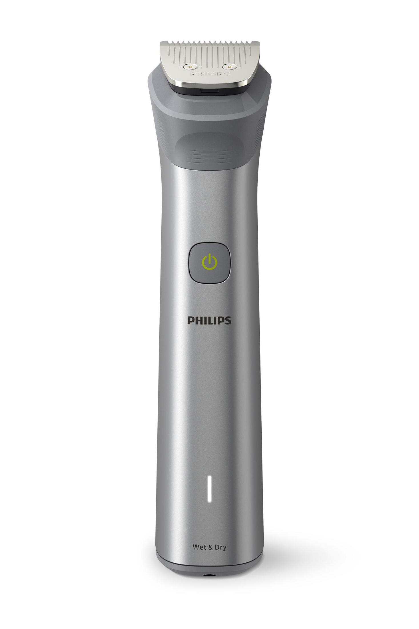 Silberner Philips Trimmer. Grüner Einschaltknopf. Text 'Wet & Dry'. Weißer Hintergrund.