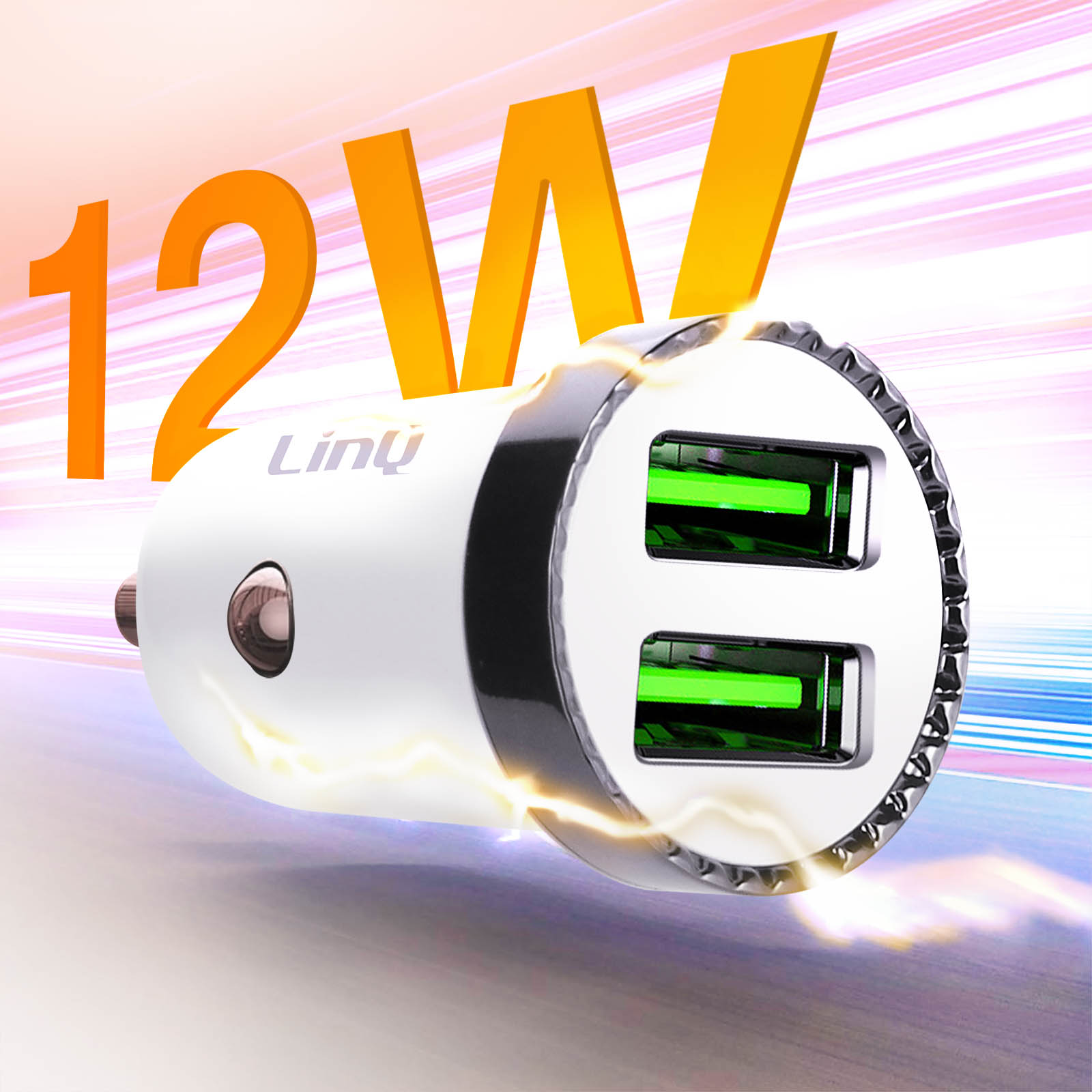 Caricabatterie per auto bianco con due porte USB. Visibili le parole "12W" e "Li-nü". Sfondo arancione e giallo.