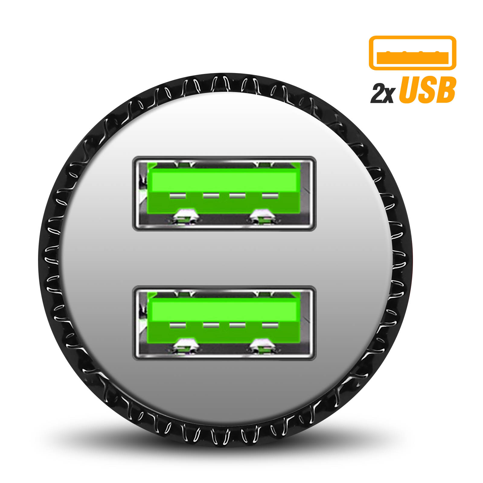 Primo piano di un caricatore USB con due porte USB verdi.