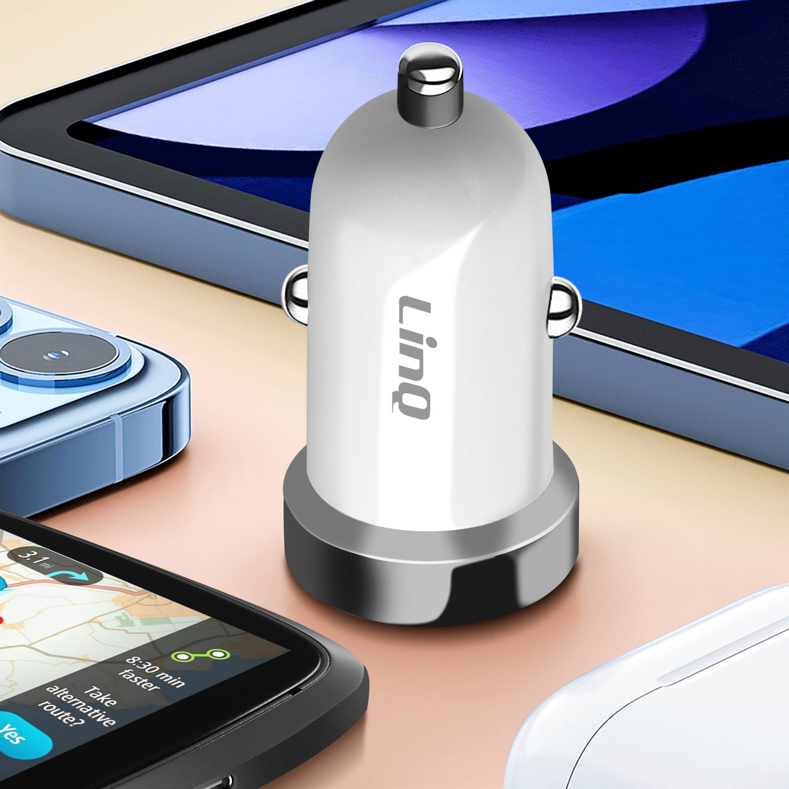 Caricabatterie per auto bianco con logo 'Linq'. Circondato da telefono e tablet.