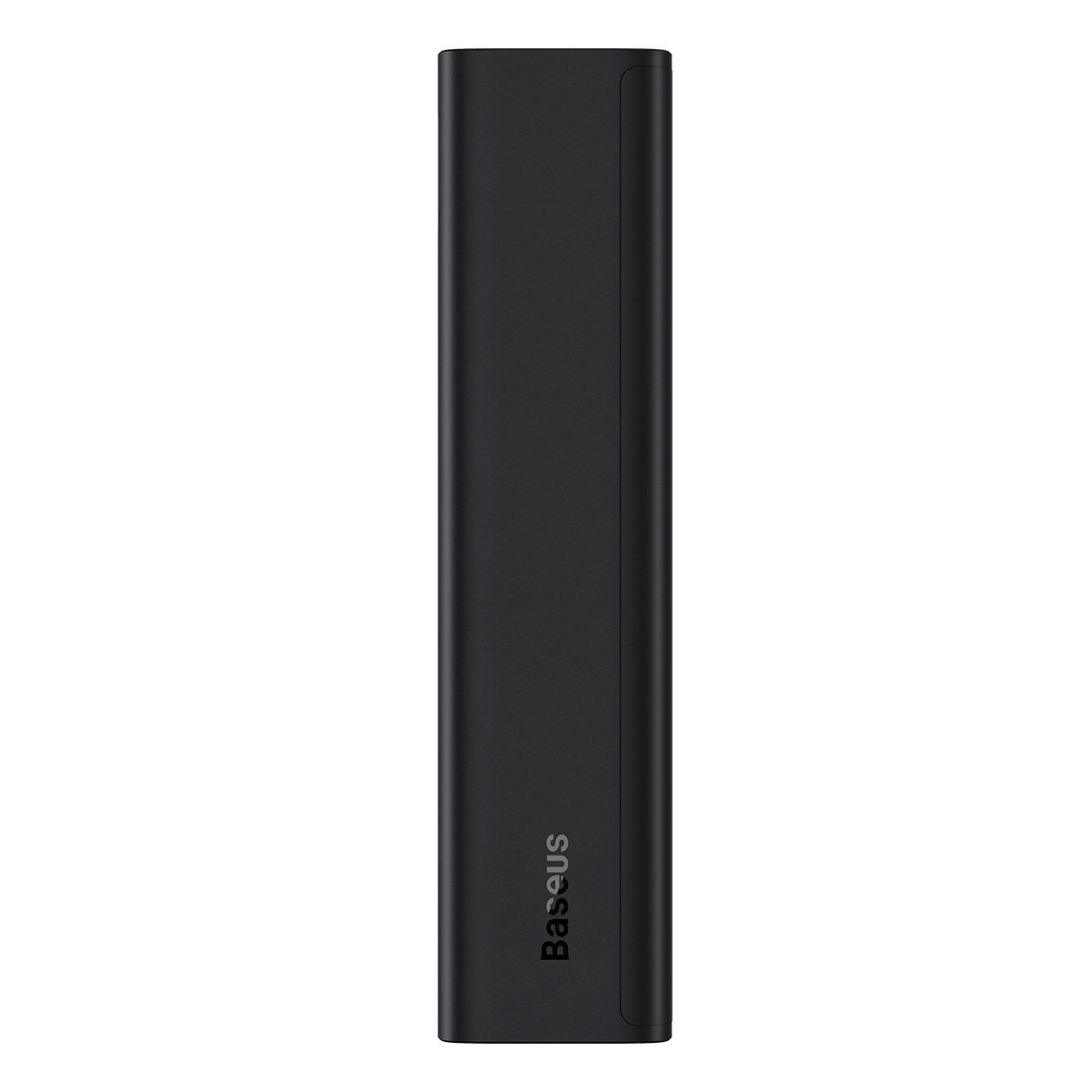 Power bank Baseus nero, rettangolare. Baseus scritto verticalmente in bianco sul lato.