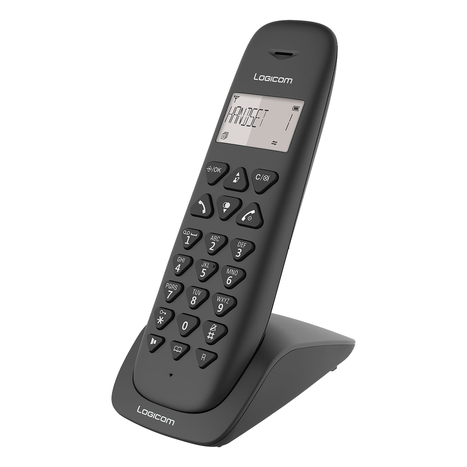 Un telefono Logicon nero su un supporto.
