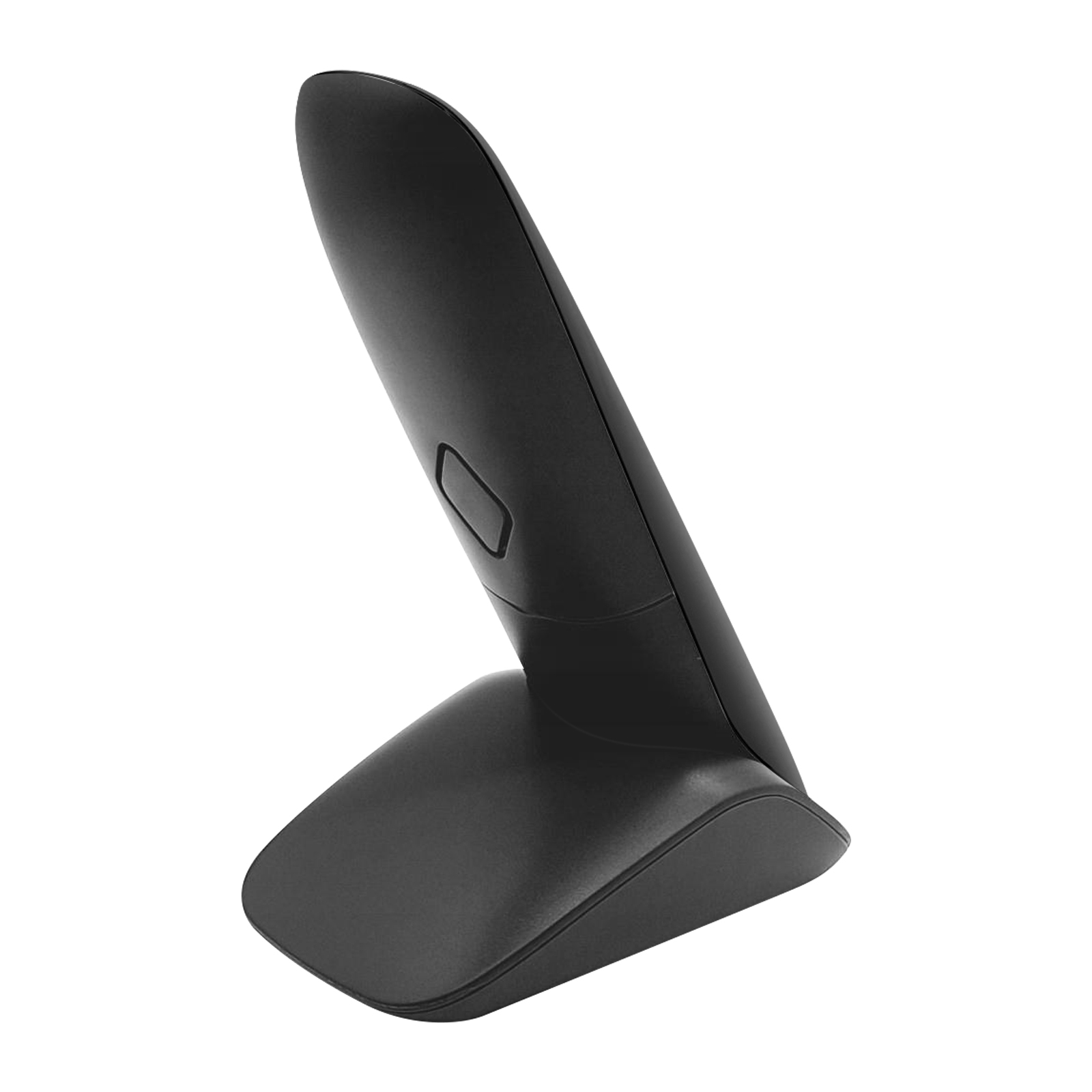 Base telefono fisso nera angolata, vista laterale. Design elegante, con una leggera curva.
