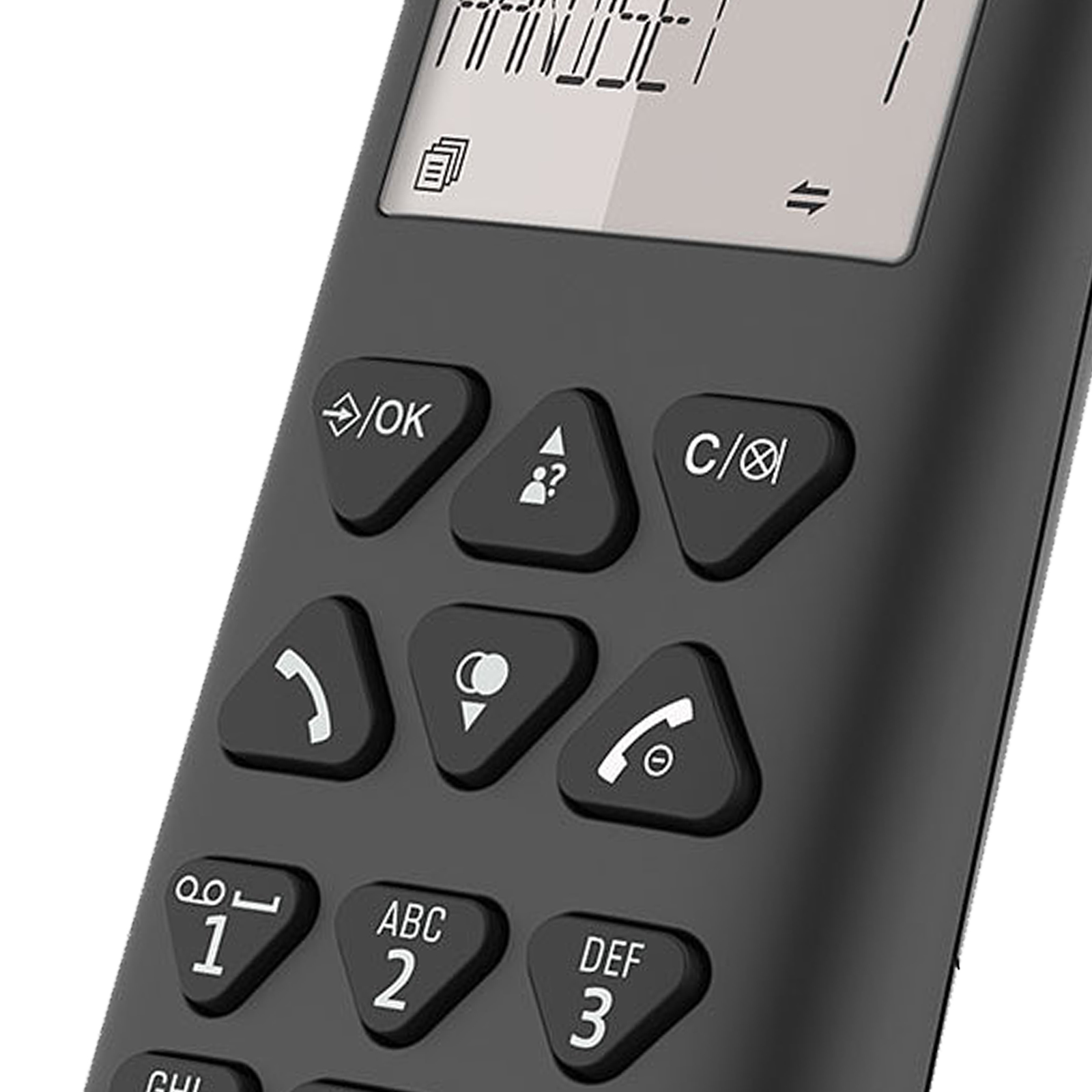 Un primo piano di un telefono nero con pulsanti e uno schermo che mostra del testo.