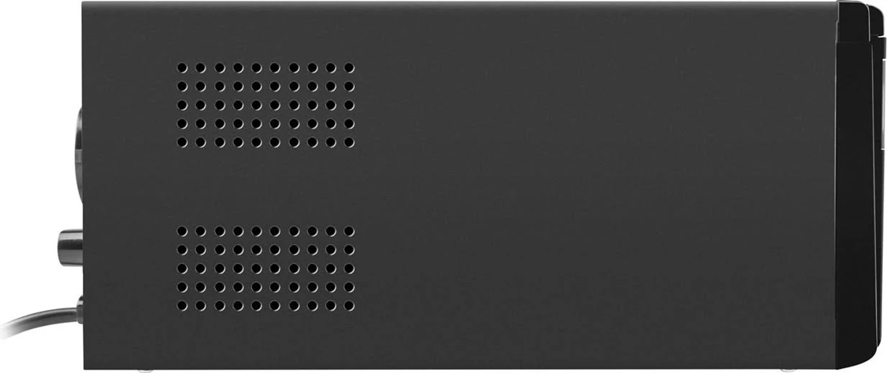 Widok z boku czarnego urządzenia z otworami wentylacyjnymi i portami. Podłączony przewód zasilający.