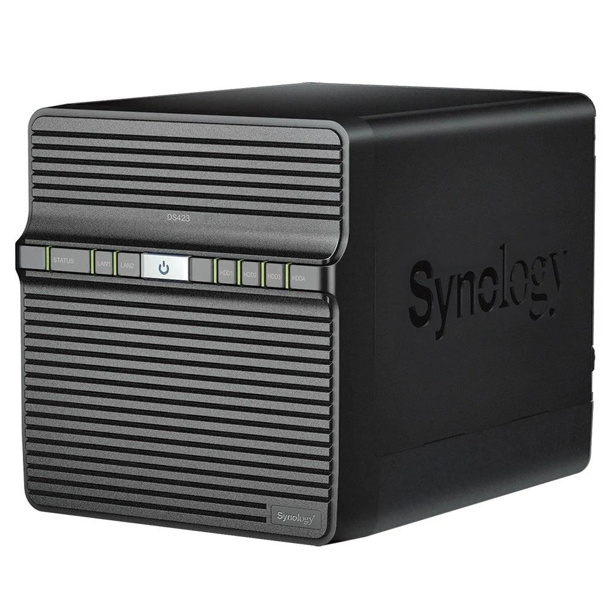 Server NAS nero con logo Synology. Con spie di stato e pulsante di accensione.
