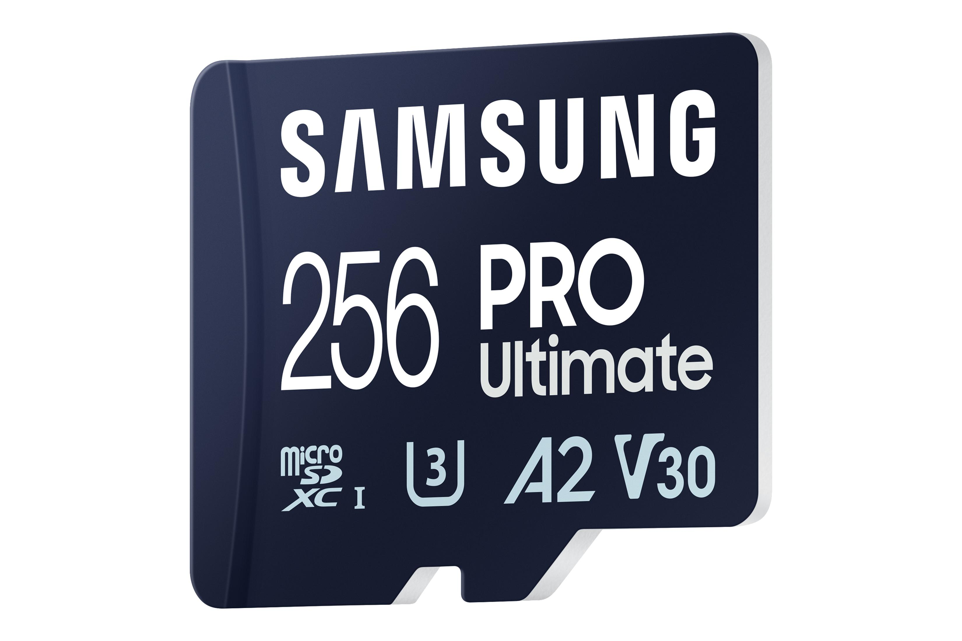 A dark blue Samsung 256 PRO Ultimate MicroSD card with a white background.
