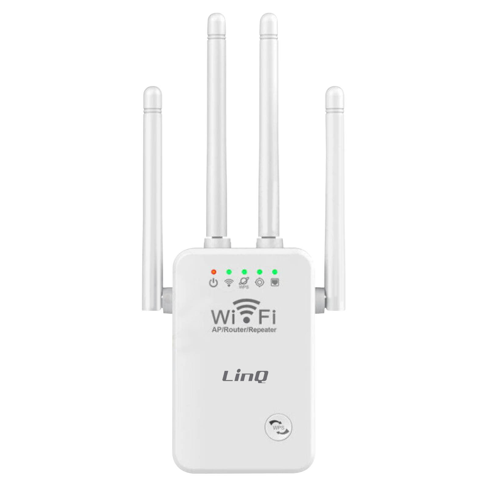 Un AP/Router/Repetidor Wi-Fi blanco con cuatro antenas. Tiene luces indicadoras de encendido, Wi-Fi y WPS.