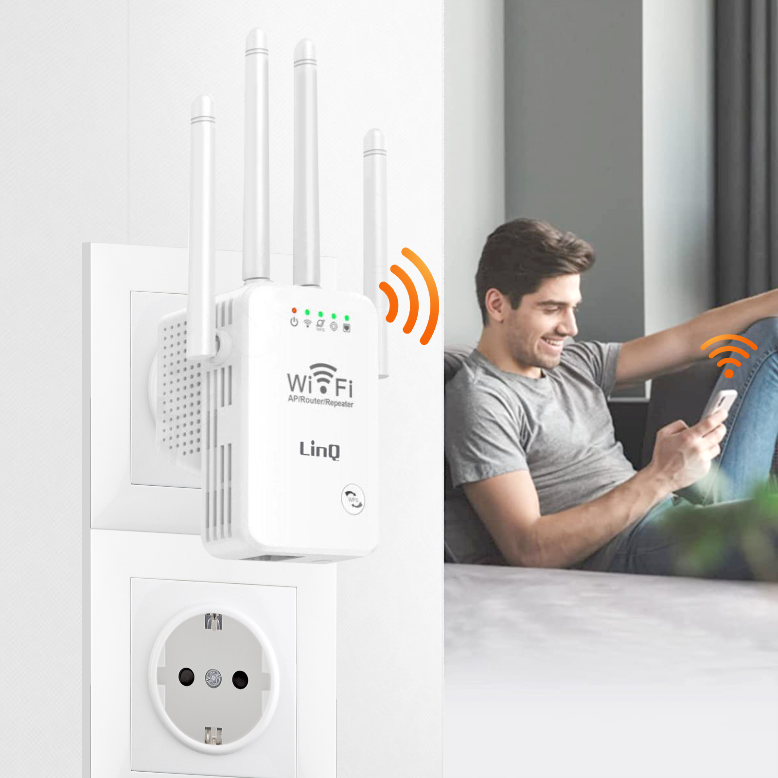 Repetidor Wi-Fi enchufado, persona usando teléfono cerca.