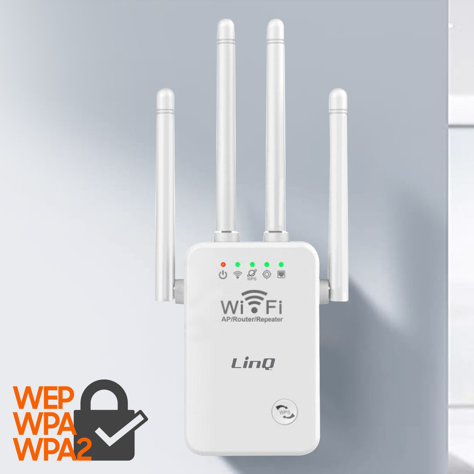 Extensor Wi-Fi blanco con antenas e icono de candado, en pared blanca, texto: Wi-Fi.