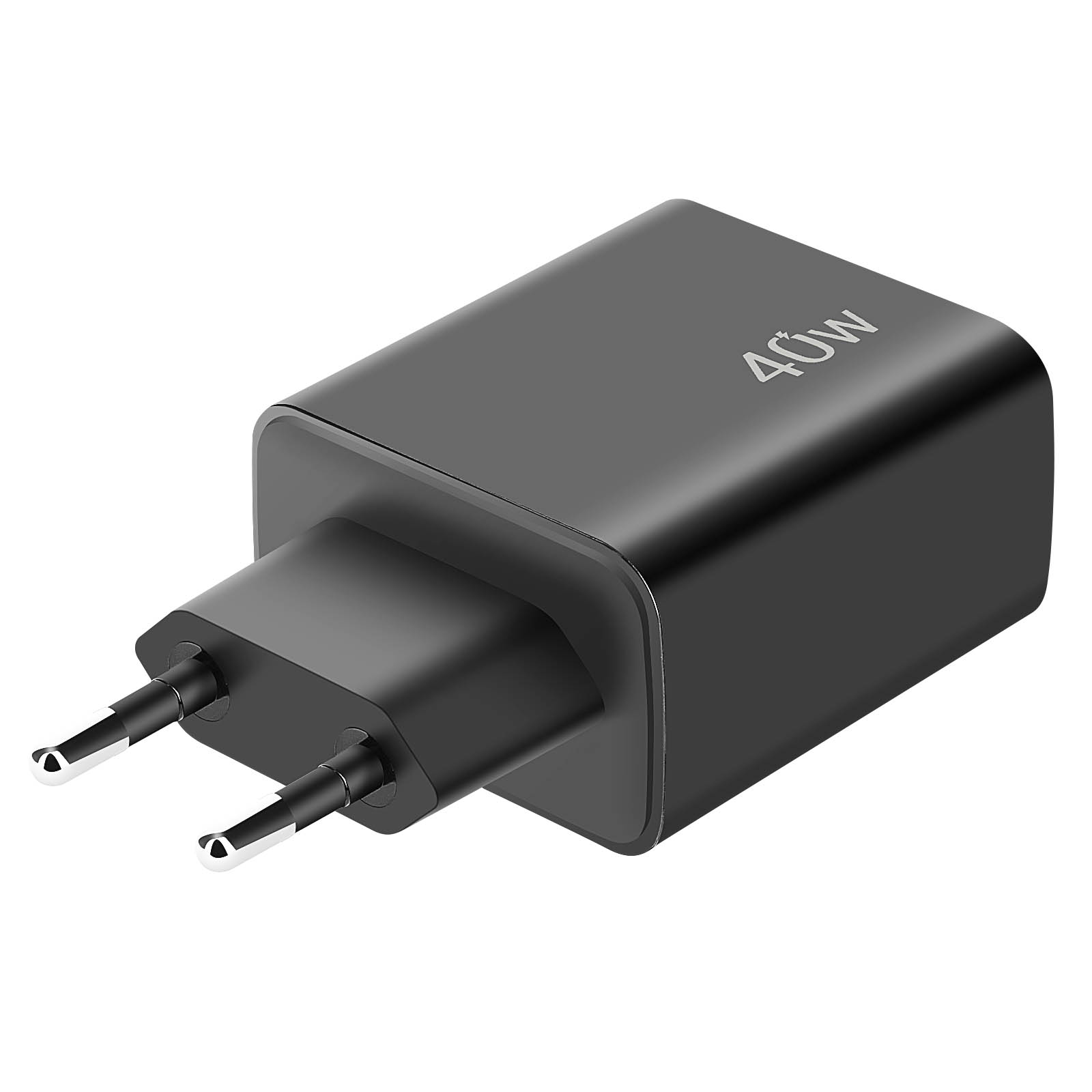 Cargador negro de 40W con enchufe europeo. Fondo blanco. Diseño simple y limpio.