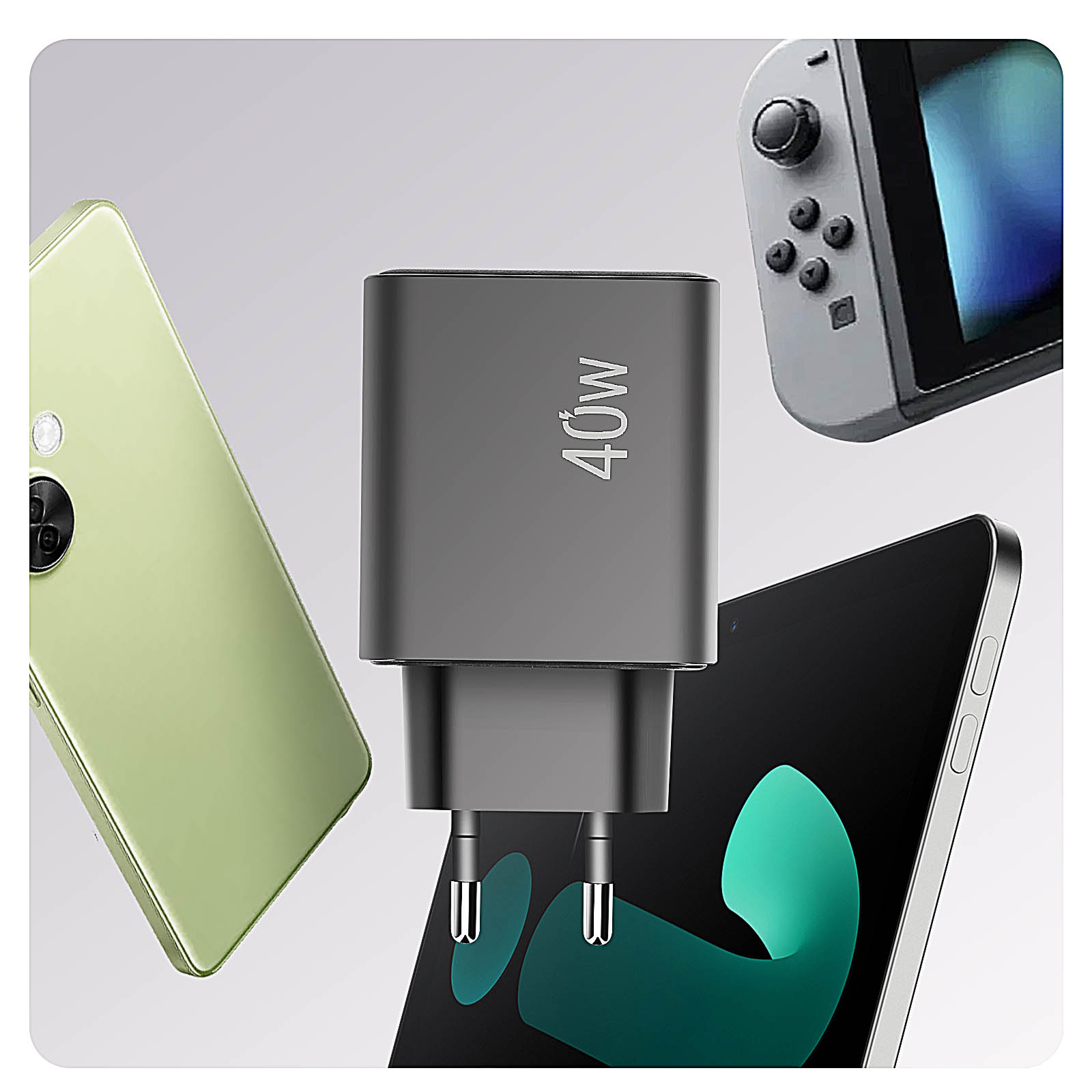 Cargador gris de 40W con 3 dispositivos: teléfono, tableta y consola de juegos.