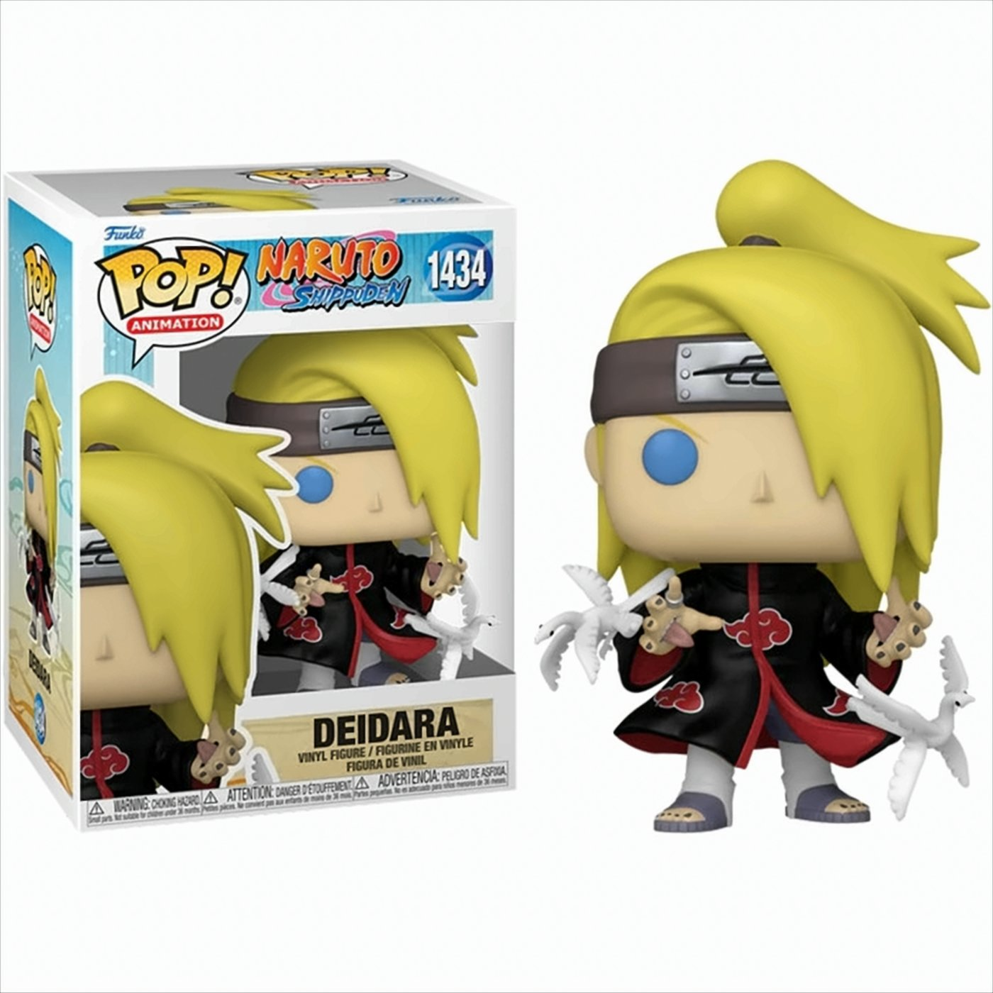 Funko Pop! di Deidara da Naruto. Scatola con statuetta con uccelli bianchi.