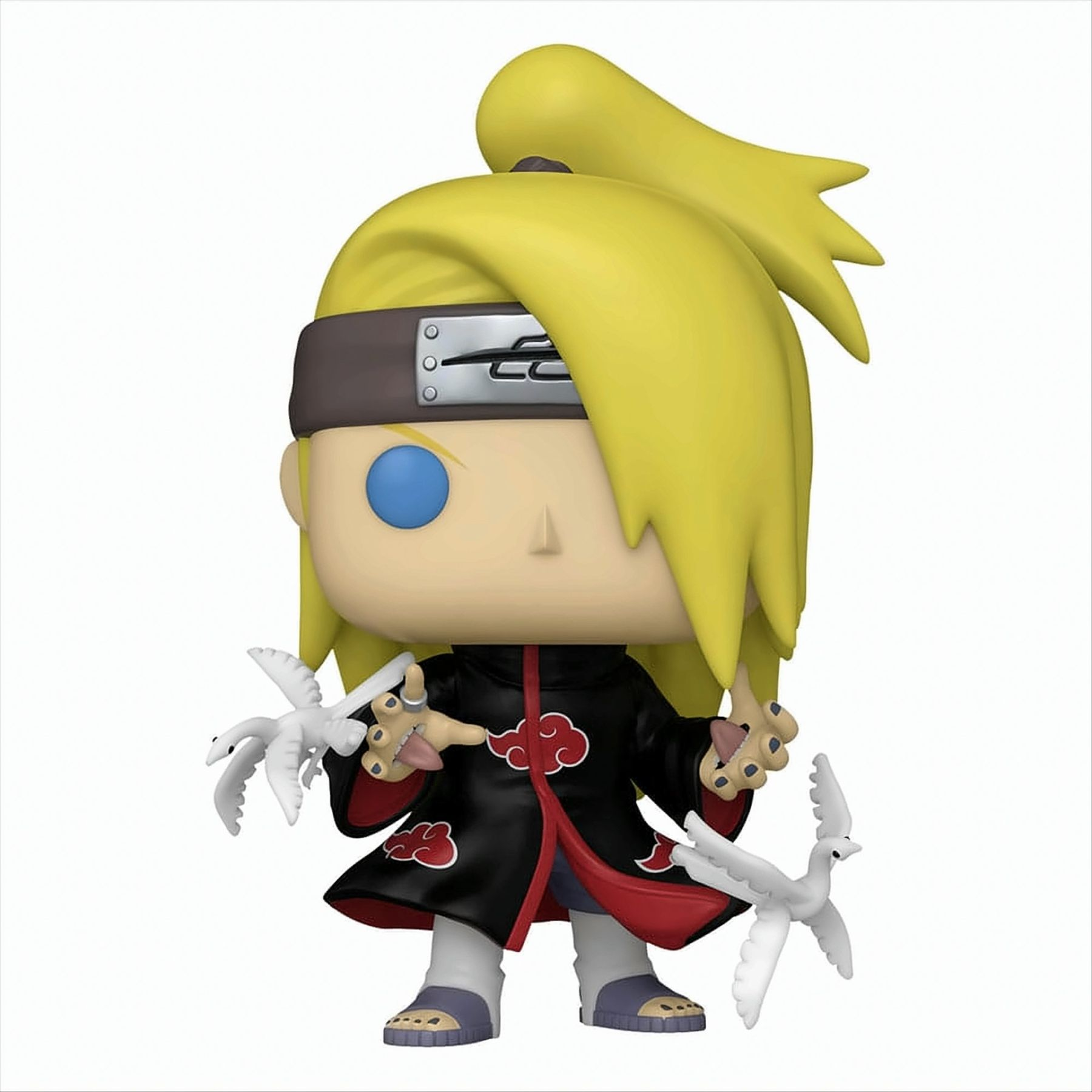 Una statuetta Funko Pop di un personaggio con i capelli biondi, che indossa un mantello Akatsuki nero e due uccelli bianchi.